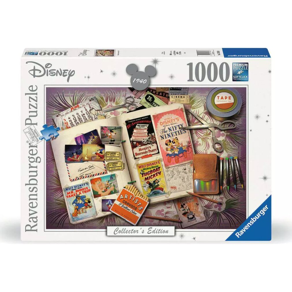 Una scatola di puzzle Disney da 1000 pezzi con immagini vintage di Topolino, forbici, nastro adesivo, matite e una pagina di calendario.