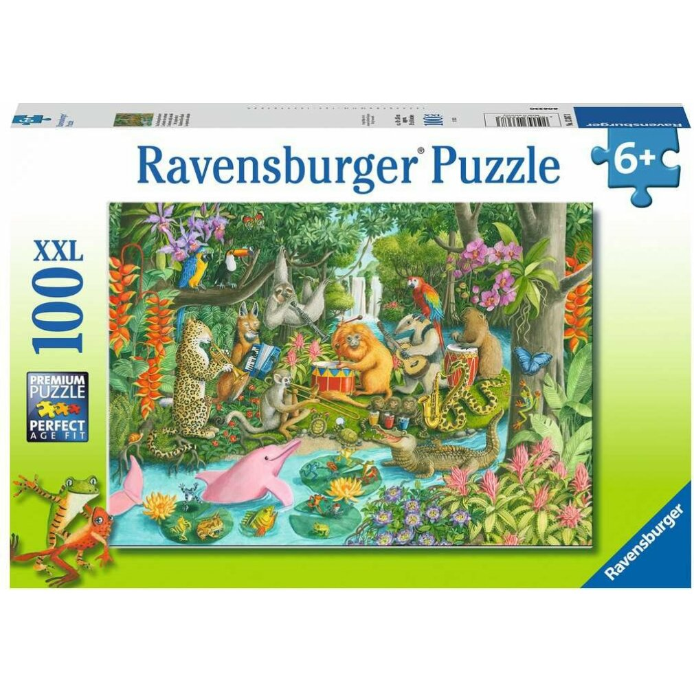 Pudełko z puzzlami Ravensburger przedstawia zwierzęta grające na instrumentach muzycznych w scenerii dżungli. Zawiera różowego delfina i żaby.
