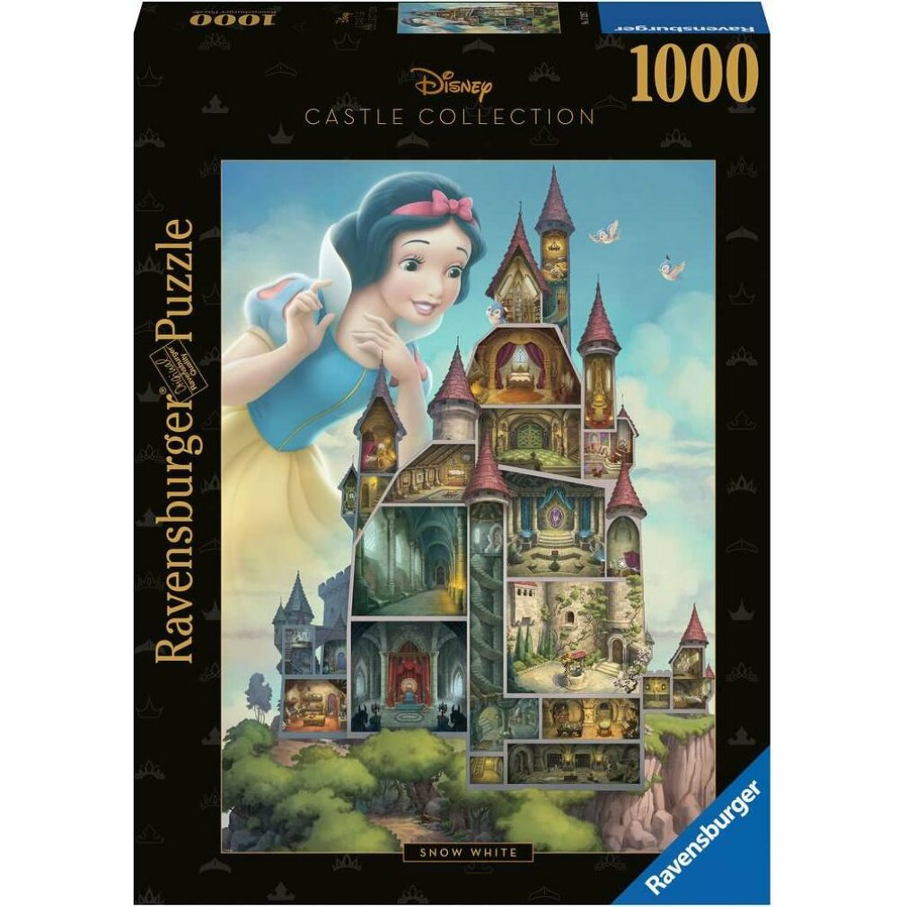 Pudełko z puzzlami Królewna Śnieżka. Przedstawia zamek z przekrojami i Królewnę Śnieżkę patrzącą na zamek. Na pudełku napis Disney Castle Collection.