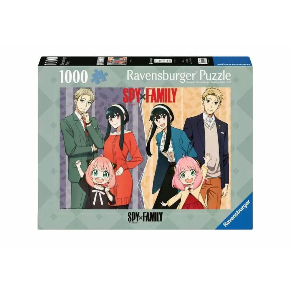 Pudełko z puzzlami przedstawia postacie z Spy x Family. Anya, Loid i Yor Forger są przedstawieni na białym tle. Logo Ravensburger jest obecne.