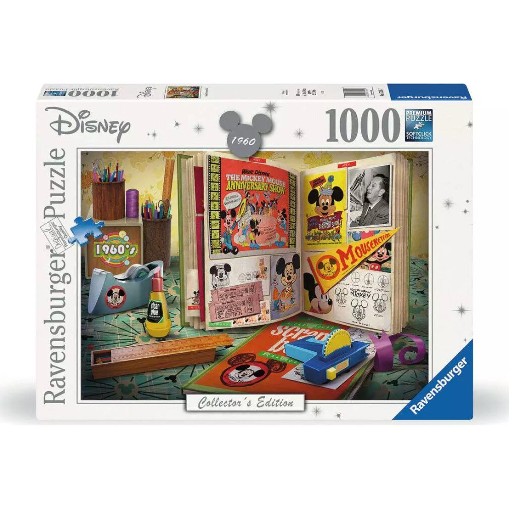 Una scatola di puzzle di Topolino. Mostra un collage di immagini di Topolino, libri e strumenti di disegno. La scatola è di Ravensburger.