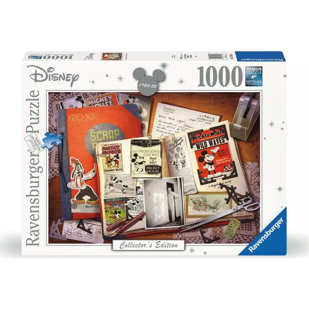 Un puzzle Disney da 1000 pezzi presenta cimeli di Topolino, libri e uno scrapbook con Pippo. La scatola è bianca con dettagli blu.