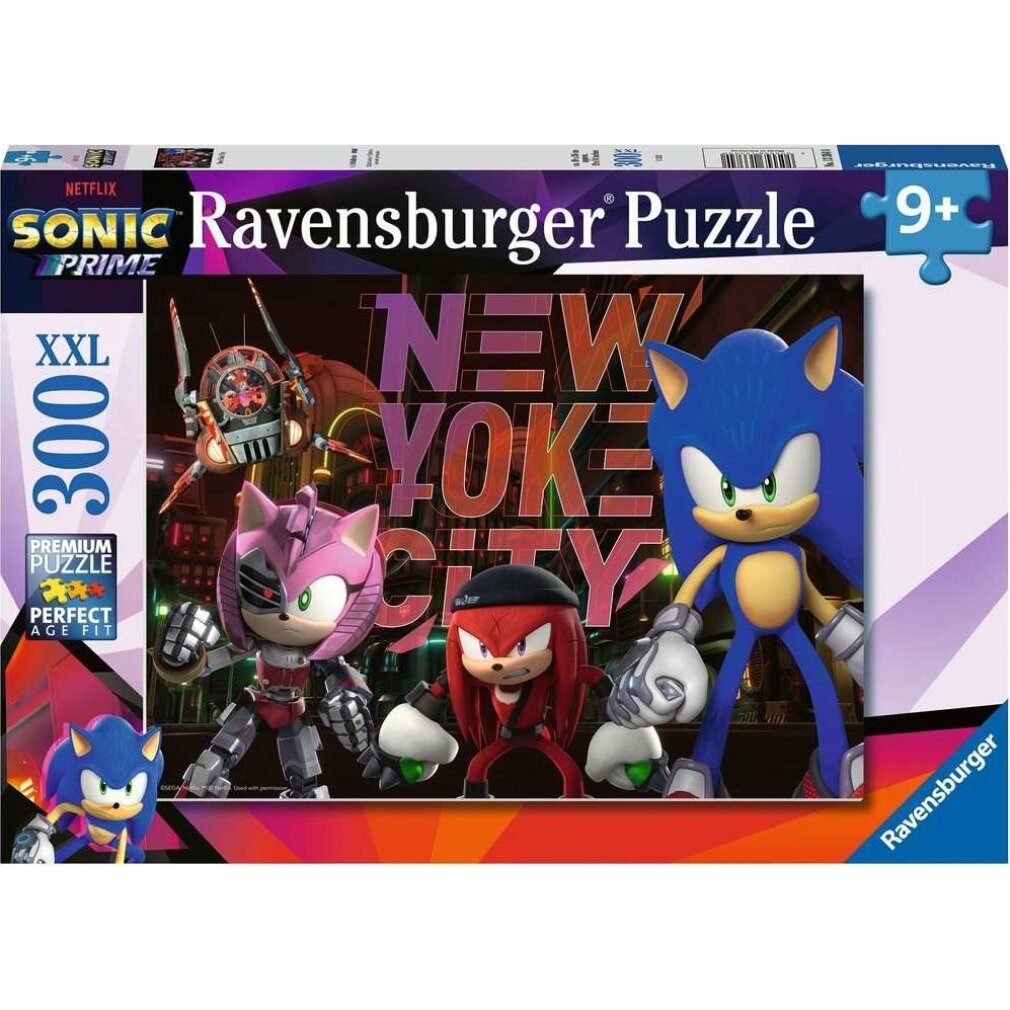 Una scatola di puzzle di Sonic. Presenta Sonic, Amy, Knuckles e un robot. Lo sfondo mostra le parole New York City.