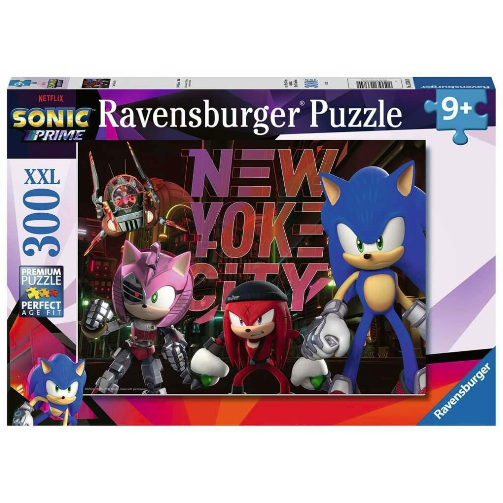 Una scatola di puzzle di Sonic. Sonic e i suoi amici sono in piedi di fronte alla scritta 'New York City'. Sulla scatola c'è scritto 'Ravensburger Puzzle'.