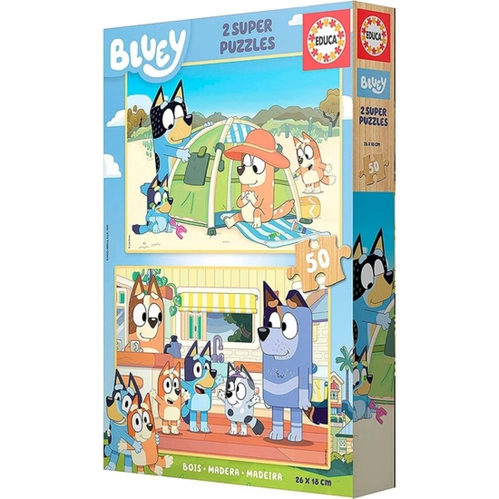 Pudełko z puzzlami Bluey pokazuje dwie sceny: scenę kempingową z postaciami i scenę domową. Pudełko ma elementy układanki pośrodku i logo.