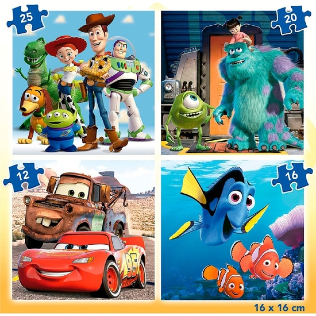 Puzzle z czterema sekcjami przedstawiającymi postacie z Toy Story, Potwory i Spółka, Auta i Gdzie jest Nemo. Każda sekcja to puzzle.