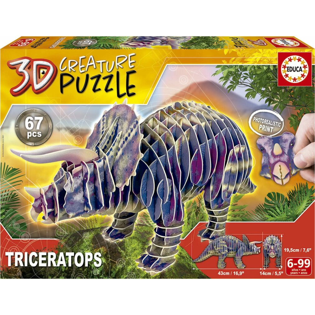 Eine 3D-Triceratops-Puzzle-Box. Der zusammengebaute Dinosaurier ist blau und lila. Die Box hat Text: 3D Creature Puzzle, 67 Teile und Educa-Logo.