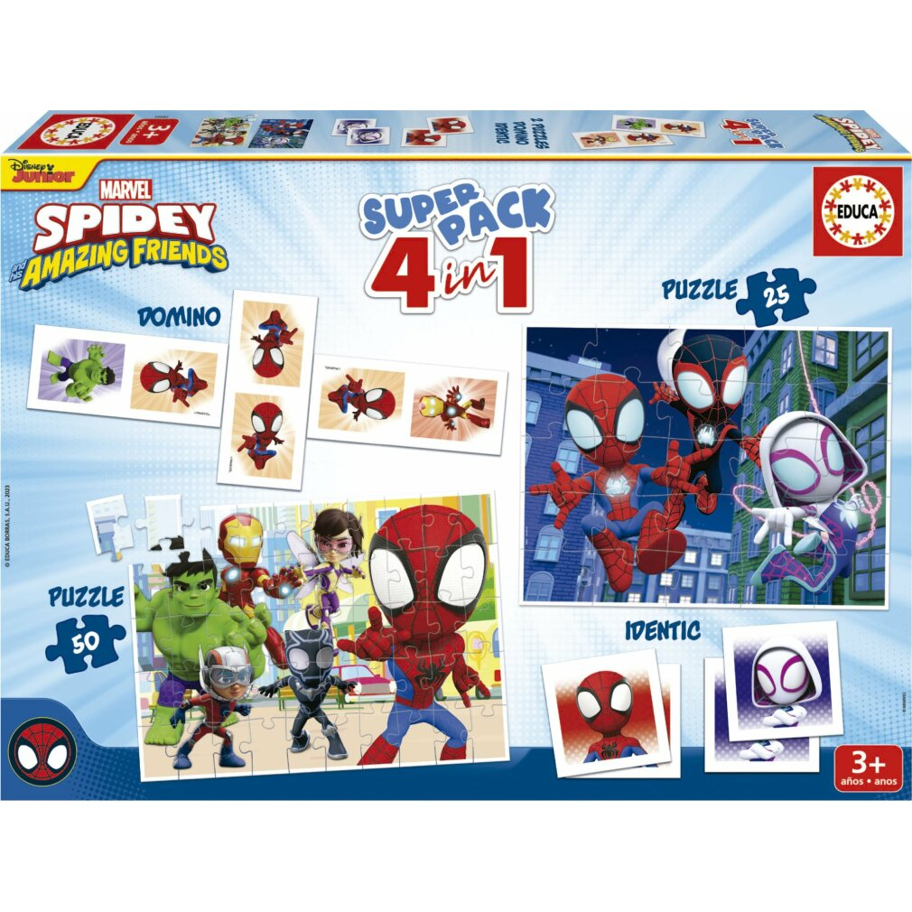 Zestaw pudełkowy dla dzieci z motywem Marvel Spidey. Zawiera puzzle, domino i obrazy postaci Spider-Mana i jego przyjaciół.