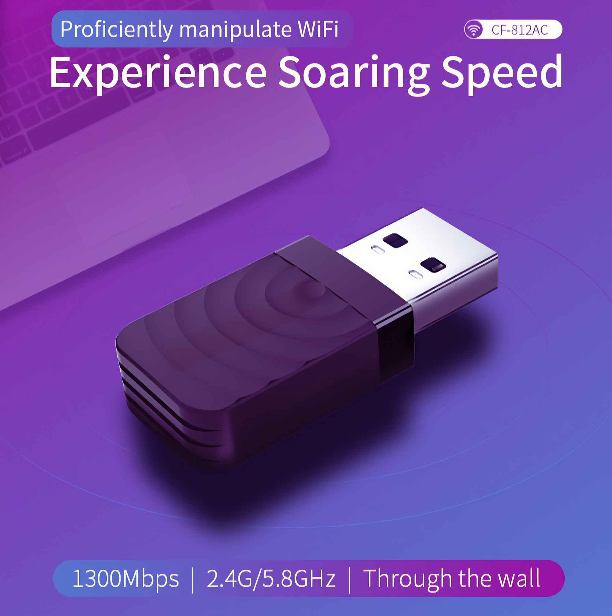 Ein lila USB-WLAN-Adapter mit weißem Text 'Experience Soaring Speed' auf lila Farbverlauf.