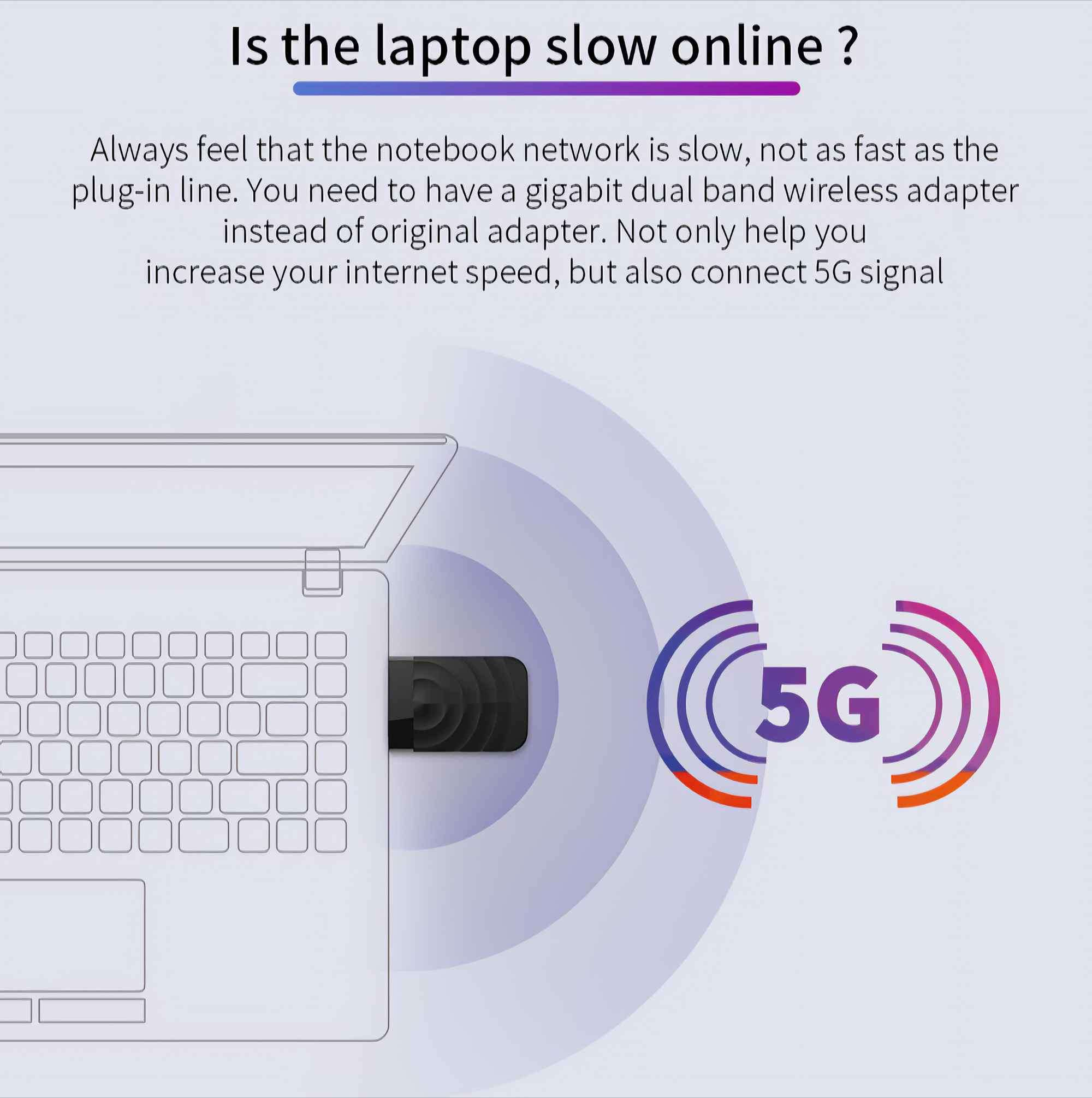 Laptop mit WLAN-Adapter und 5G-Signal-Symbol, das eine Verbesserung der Internetgeschwindigkeit suggeriert.