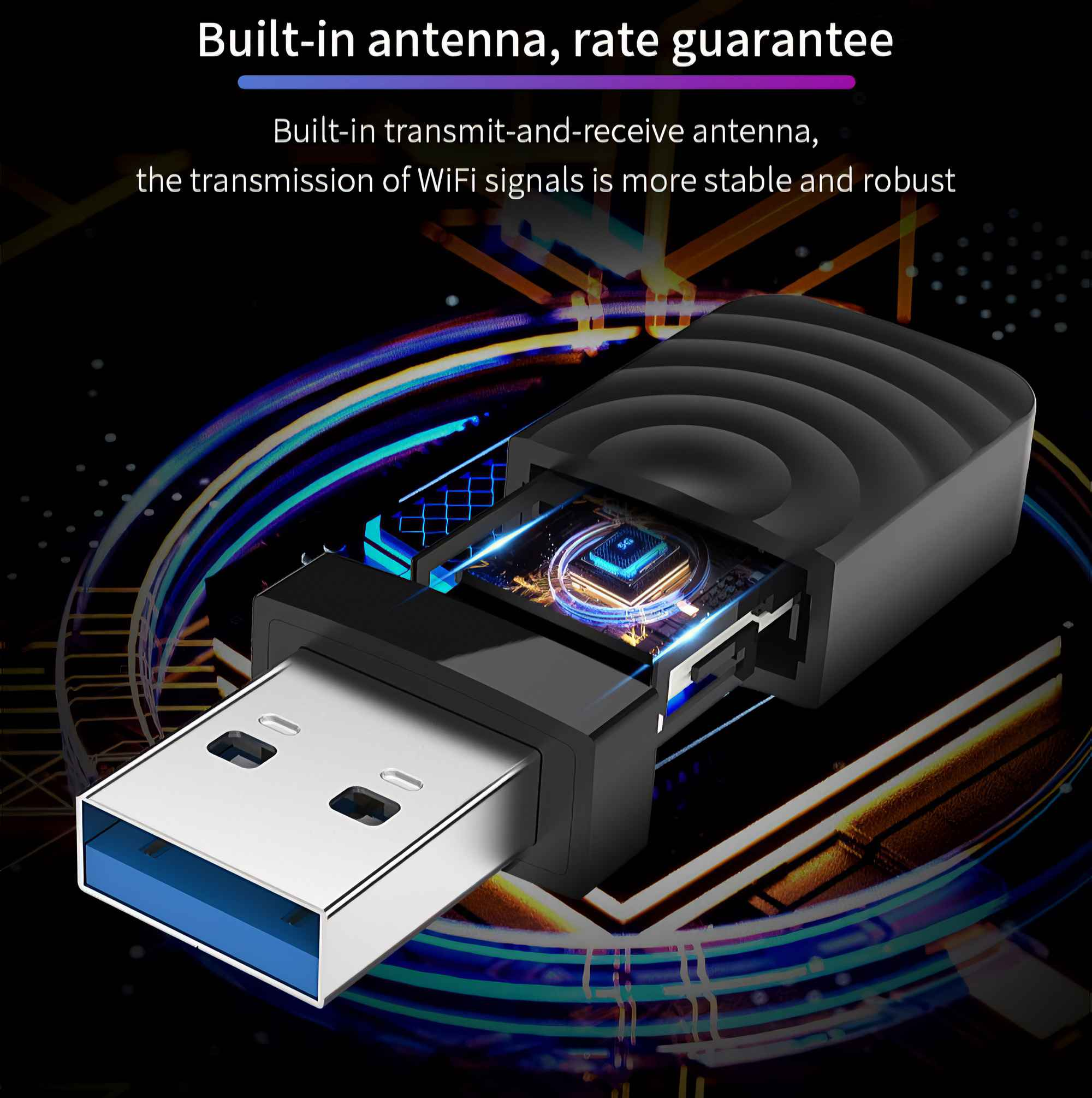 Ein USB-WLAN-Adapter mit schwarzem Antennenabschnitt. Er hat einen USB-Anschluss und Chipdetails.