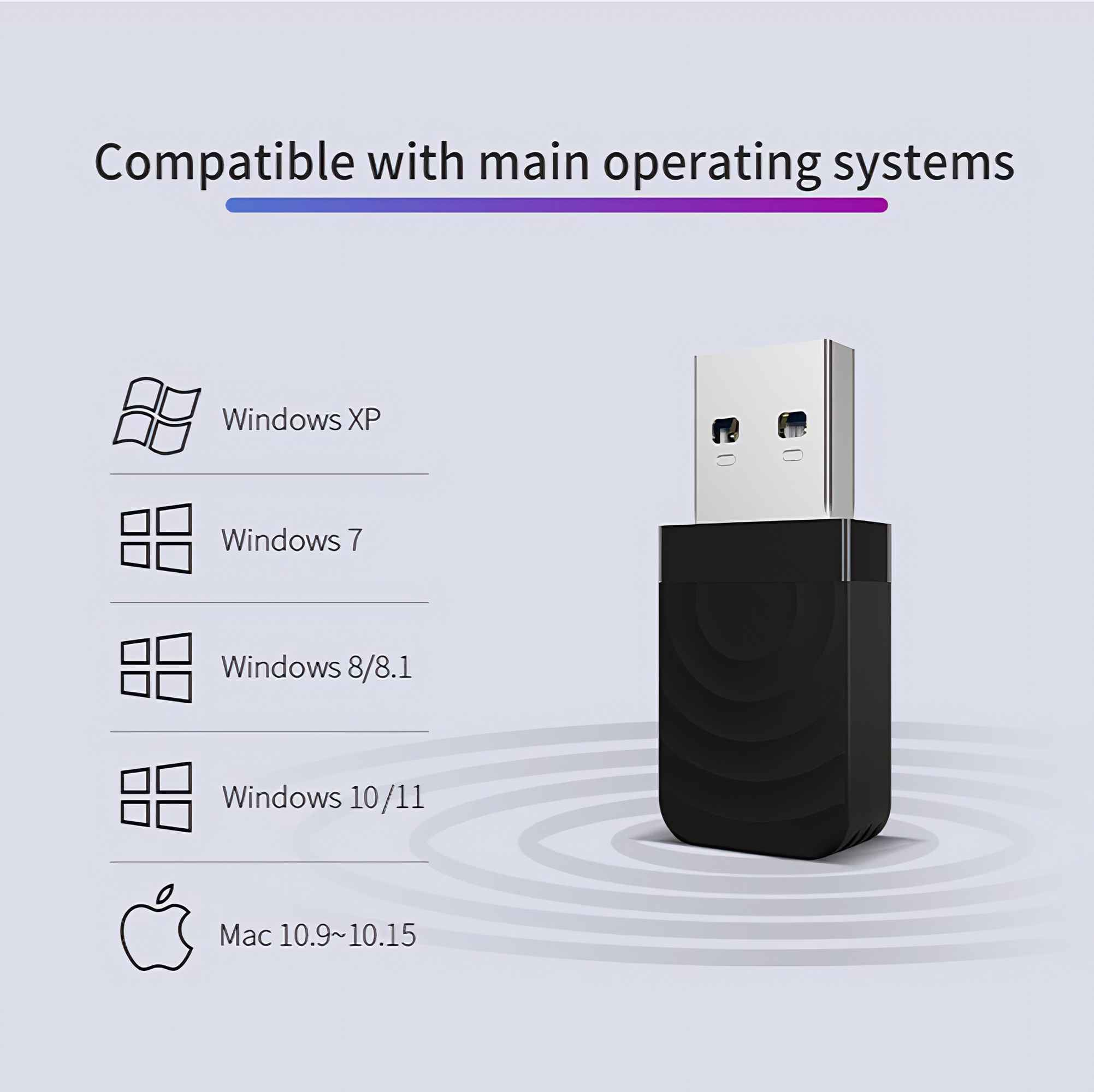 Das Bild zeigt ein schwarzes USB-Gerät. Text weist auf Kompatibilität mit Windows- und Mac OS-Versionen hin.