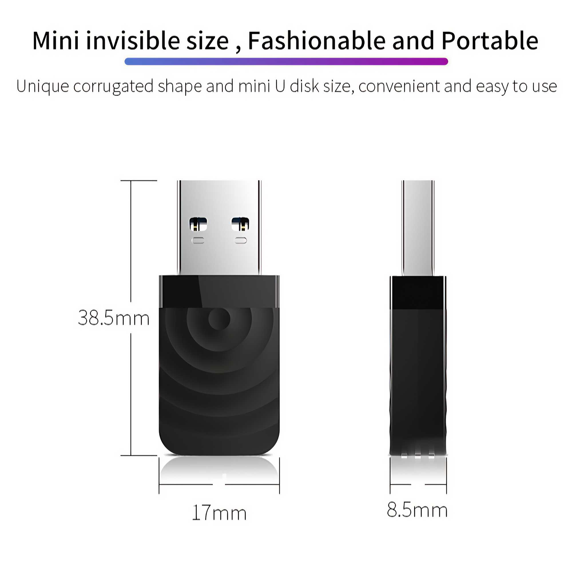 Das Bild zeigt einen schwarzen USB-Stick mit Maßangaben. Der Text hebt seine geringe Größe und Wellenform hervor.
