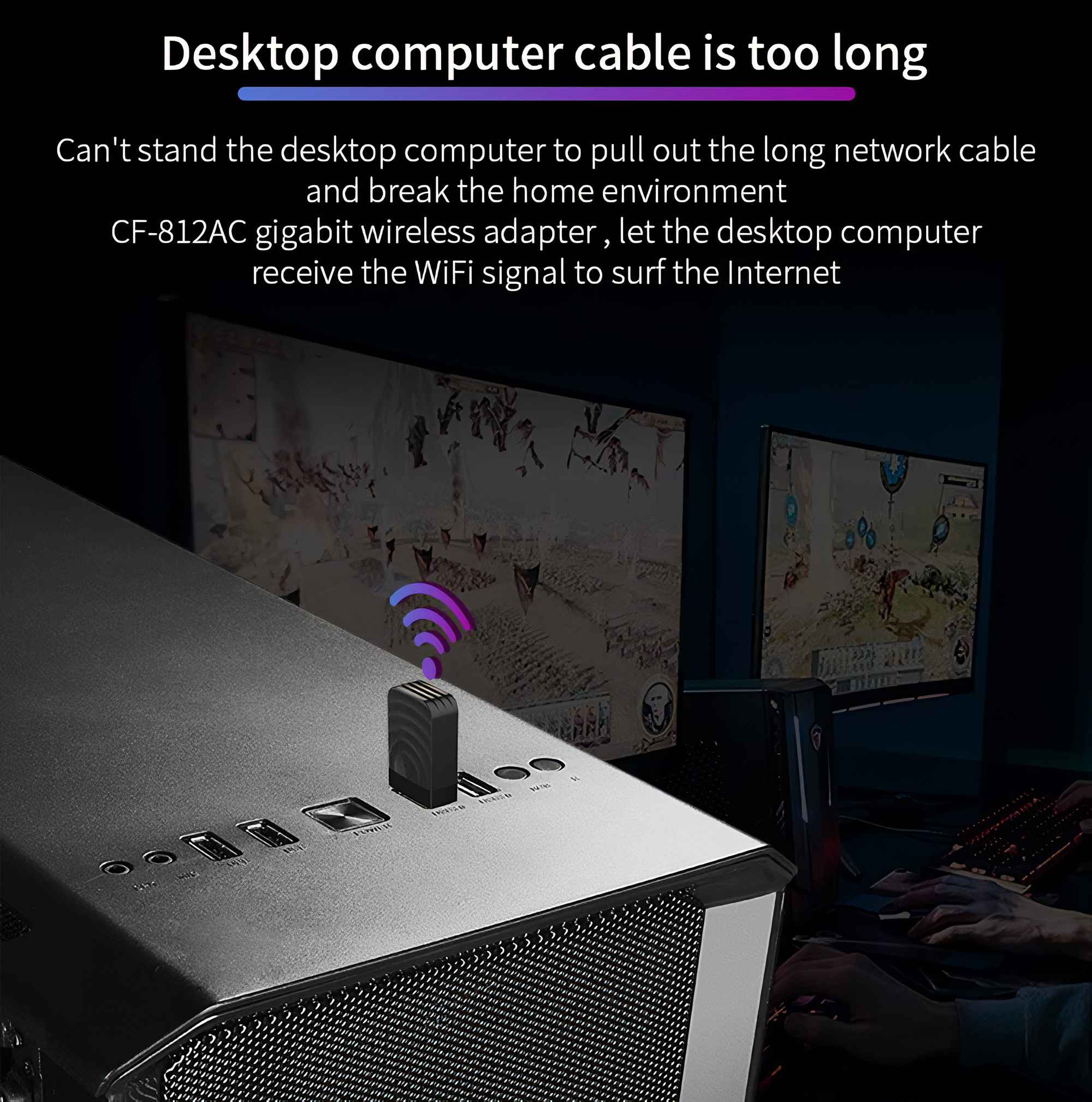 Schwarzes Computergehäuse mit WLAN-Adapter. Zwei Bildschirme im Hintergrund. Eine Person benutzt Tastatur und Maus.