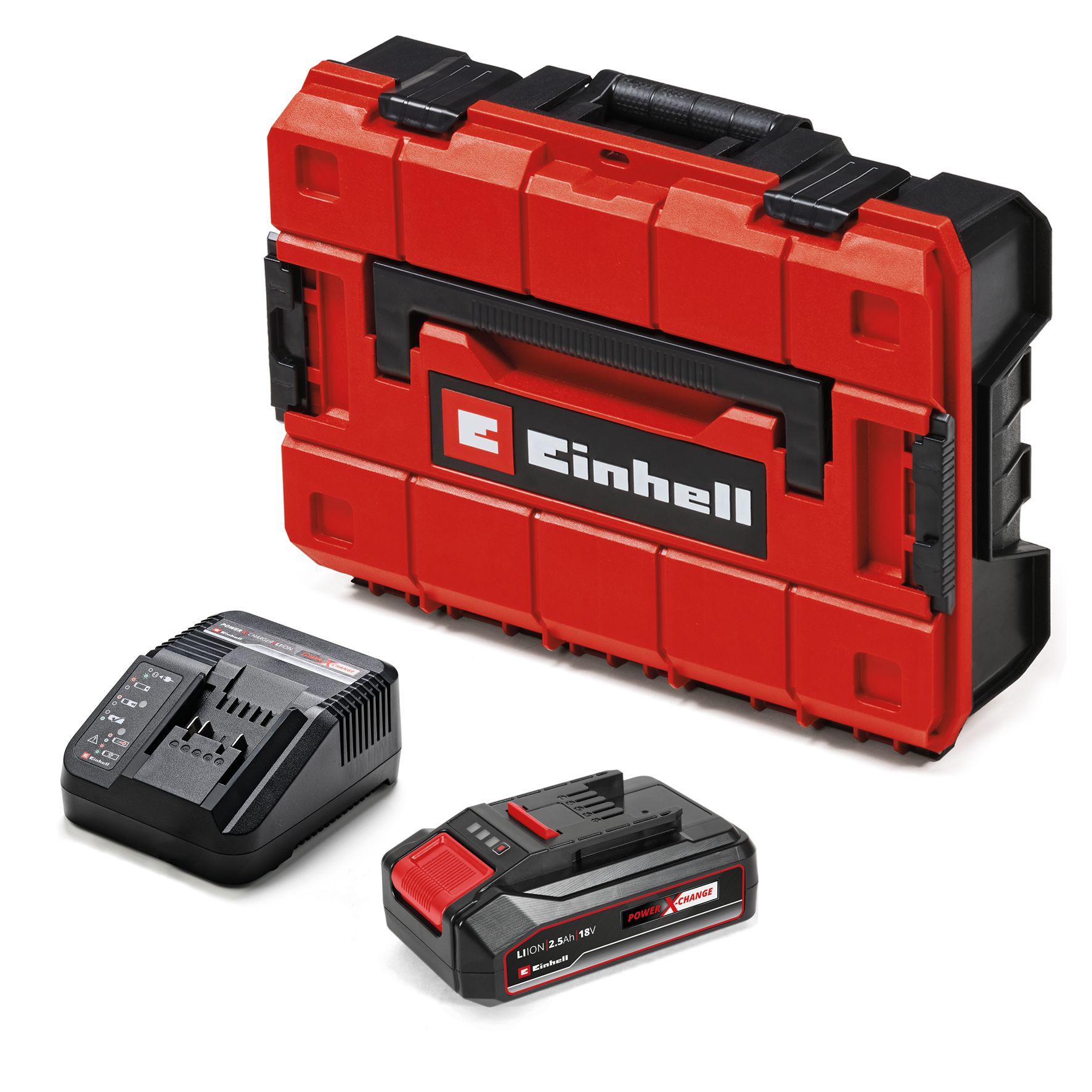 Roter Werkzeugkasten mit schwarzem Griff, Ladegerät und Akku. Alles mit Einhell-Branding, auf weißem Hintergrund.