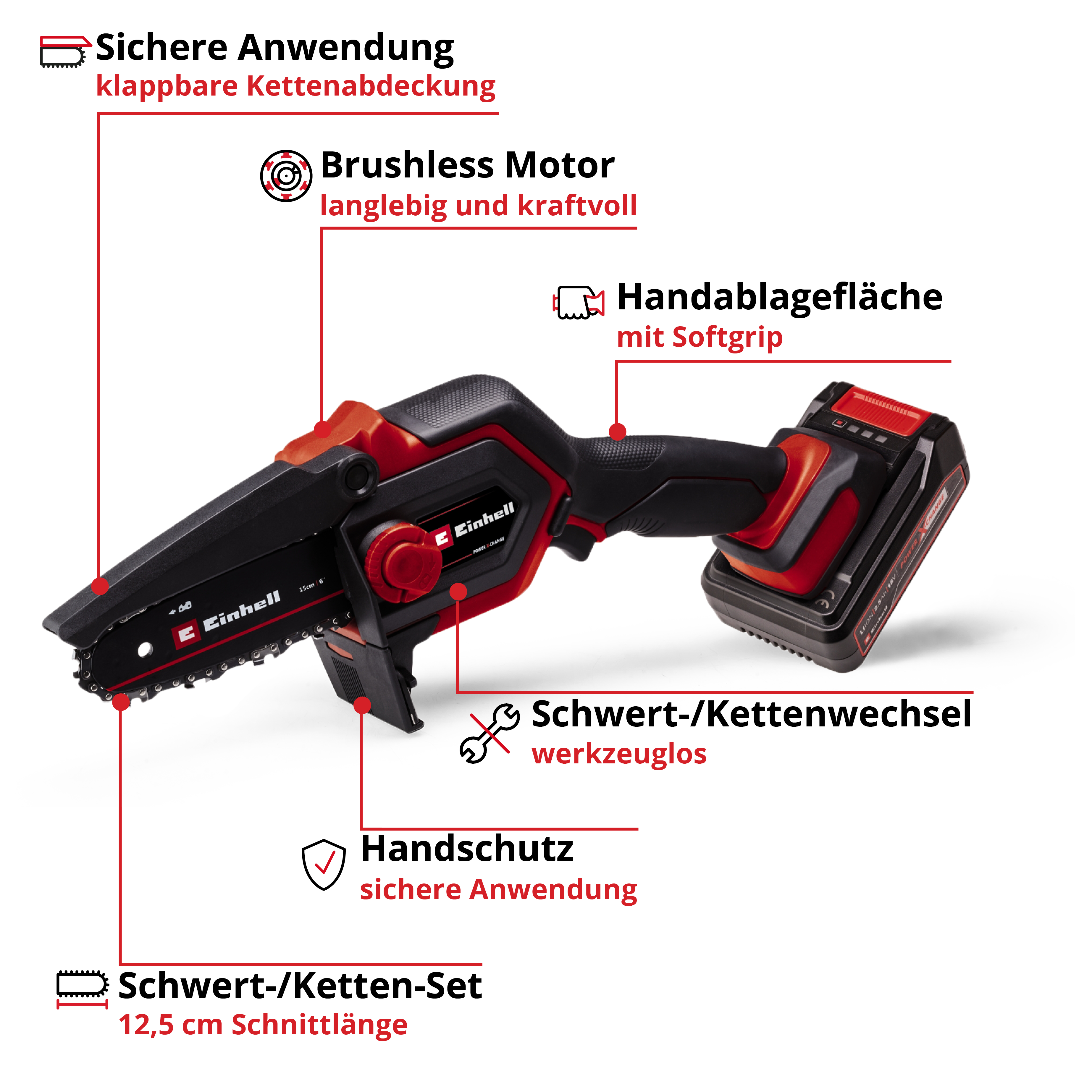 Eine rot-schwarze Einhell-Kettensäge. Sie hat Sicherheitsmerkmale, einen bürstenlosen Motor und werkzeuglose Kettenwechsel.