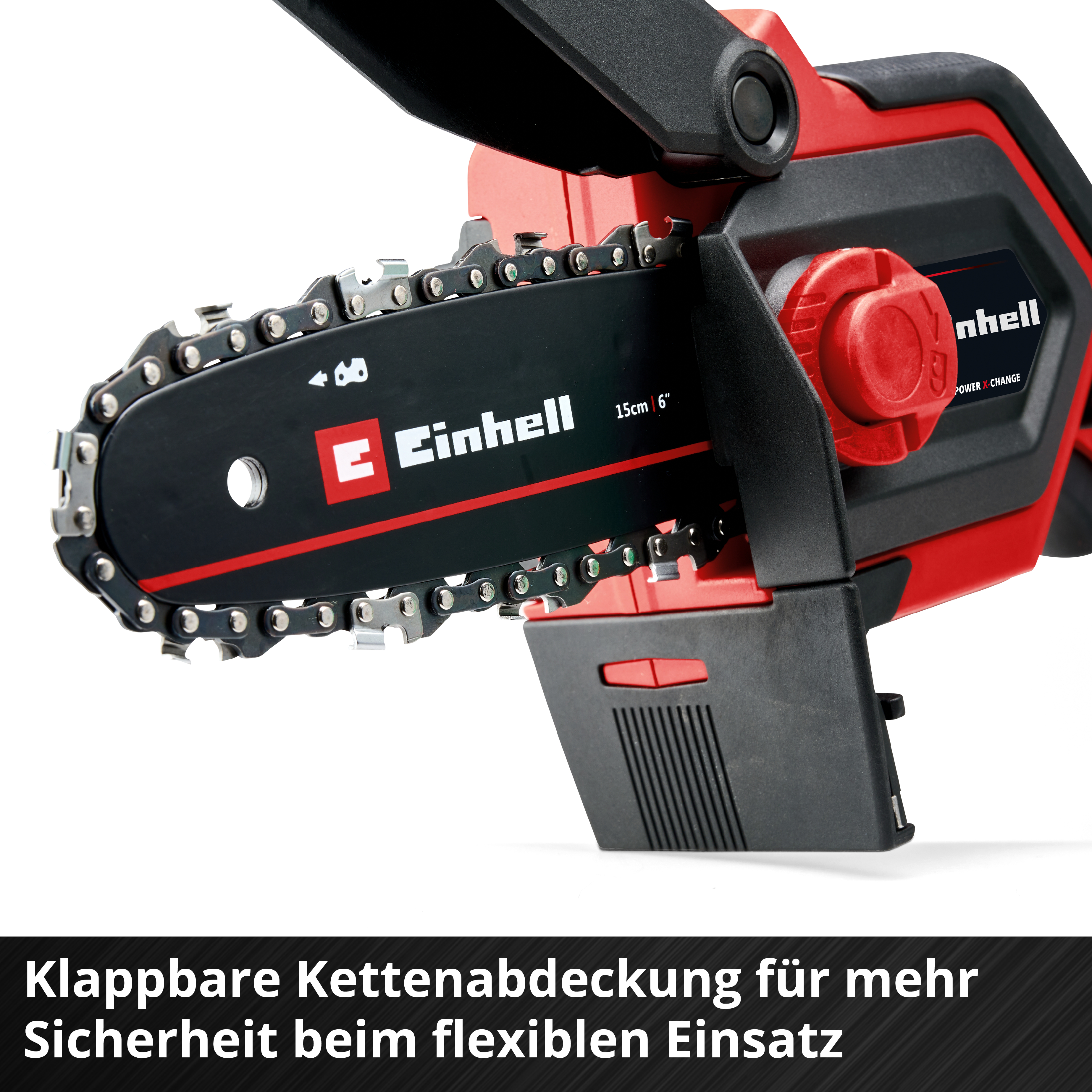 Eine rot-schwarze Kettensäge. Die Kette ist sichtbar. Die Marke Einhell ist auf der Seite sichtbar.