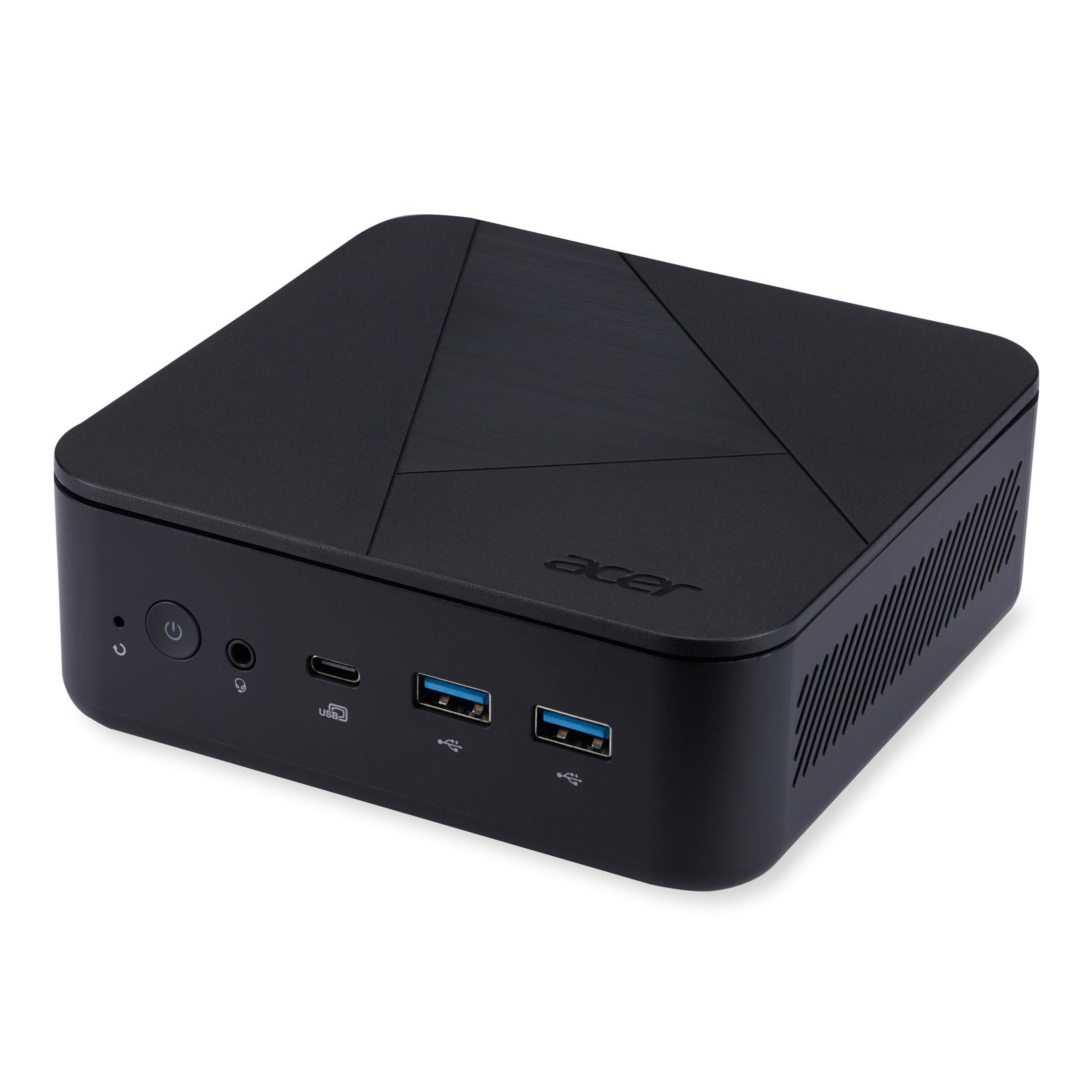 Ein schwarzer Acer Mini-PC auf weißem Untergrund. Er hat USB-Anschlüsse, einen Einschaltknopf und einen Kopfhöreranschluss.