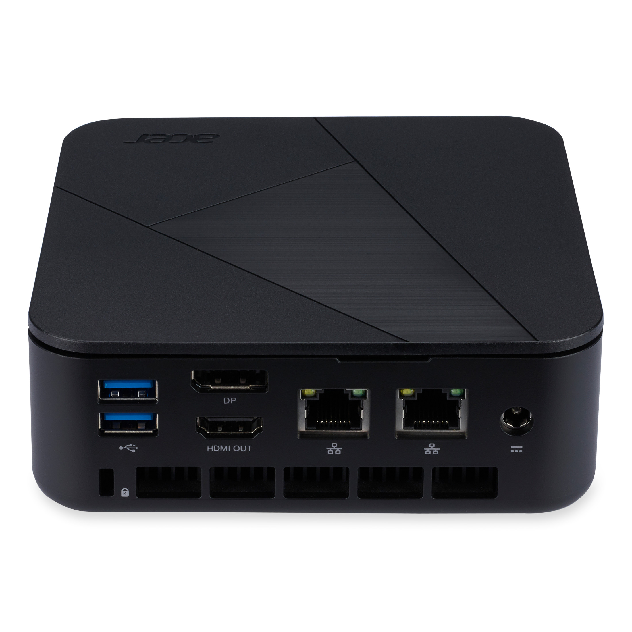 Schwarzer Acer-Computer mit verschiedenen Anschlüssen. Die Oberseite hat ein Design. Isoliert auf weißem Hintergrund.