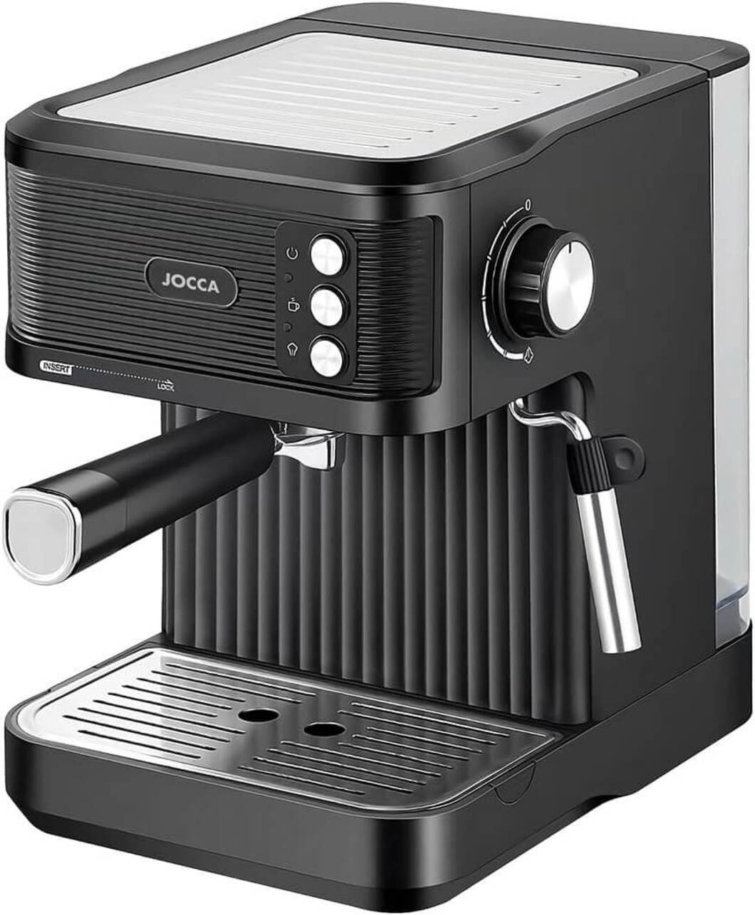Una macchina per caffè espresso nera con il marchio JOCCA. Ha un serbatoio dell'acqua argentato, un'erogatore di vapore e una manopola per controllare la pressione.