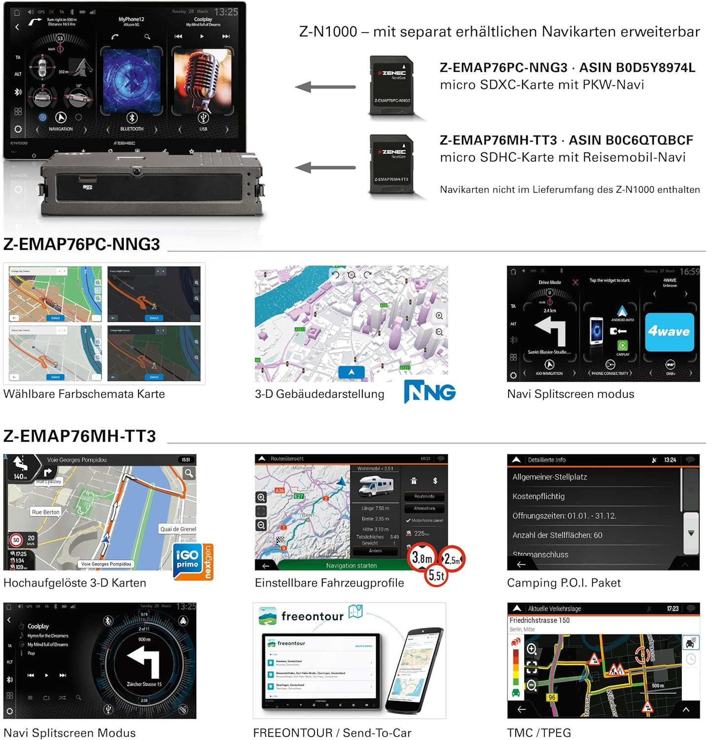 Auto-Navigationssystembildschirm mit Karten, Menüs und Informationsanzeigen. Enthält Karten und Telefonschnittstelle.