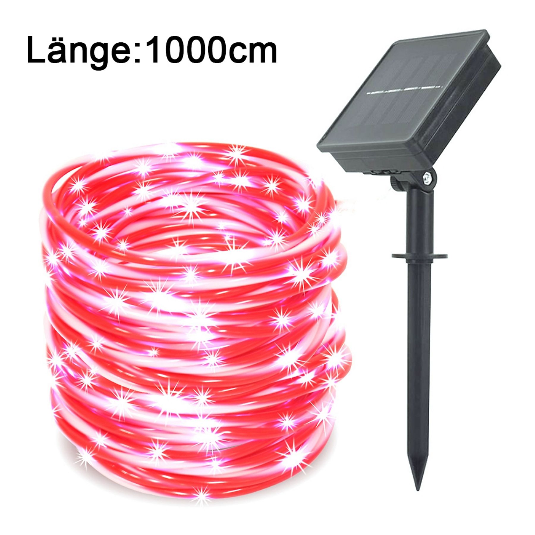 Rote LED-Seilbeleuchtung mit weißen Sternen und einem Solarpanel auf einem schwarzen Pfahl. Text: Länge:1000cm.
