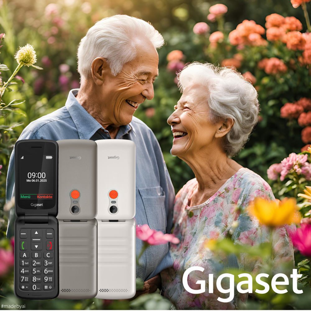 Una pareja de ancianos se sonríe en un jardín. Tres teléfonos Gigaset están en primer plano. Las flores florecen en el fondo.