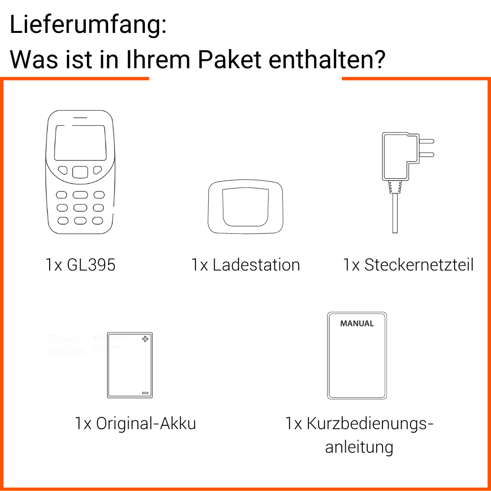 Uno schema di accessori per cellulari: un caricabatterie, una batteria, una custodia e un manuale, tutti in forma di contorno su sfondo nero.