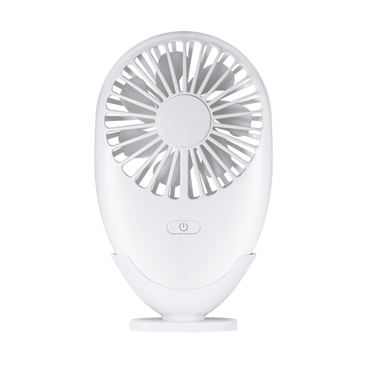 A white portable fan with a power button. The fan has blades inside a protective casing, and a stand.