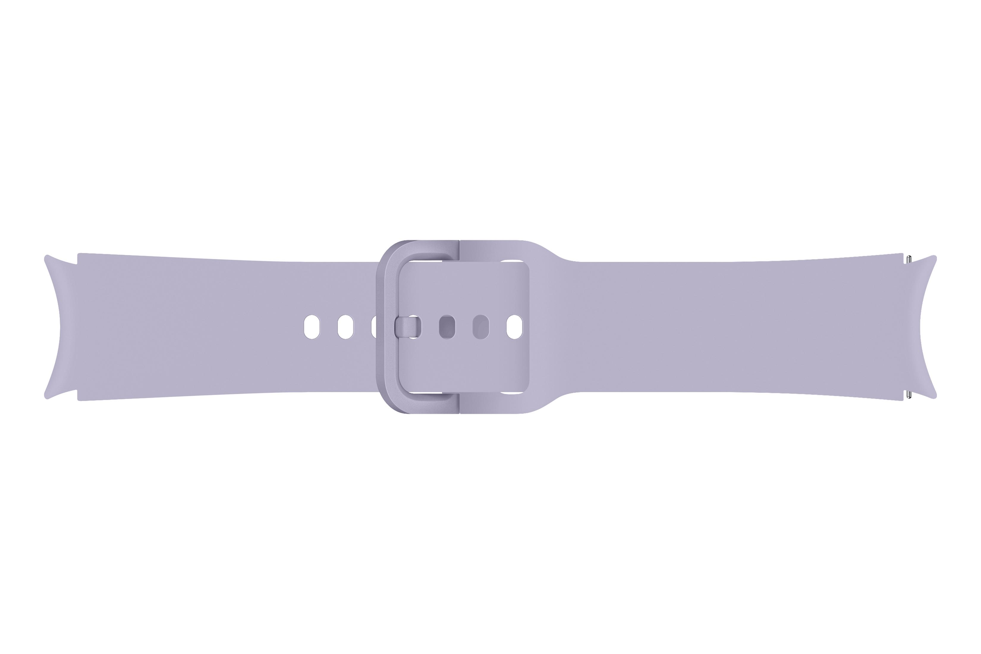 Un cinturino per smartwatch lavanda con fibbia. Il cinturino è centrato su sfondo bianco.