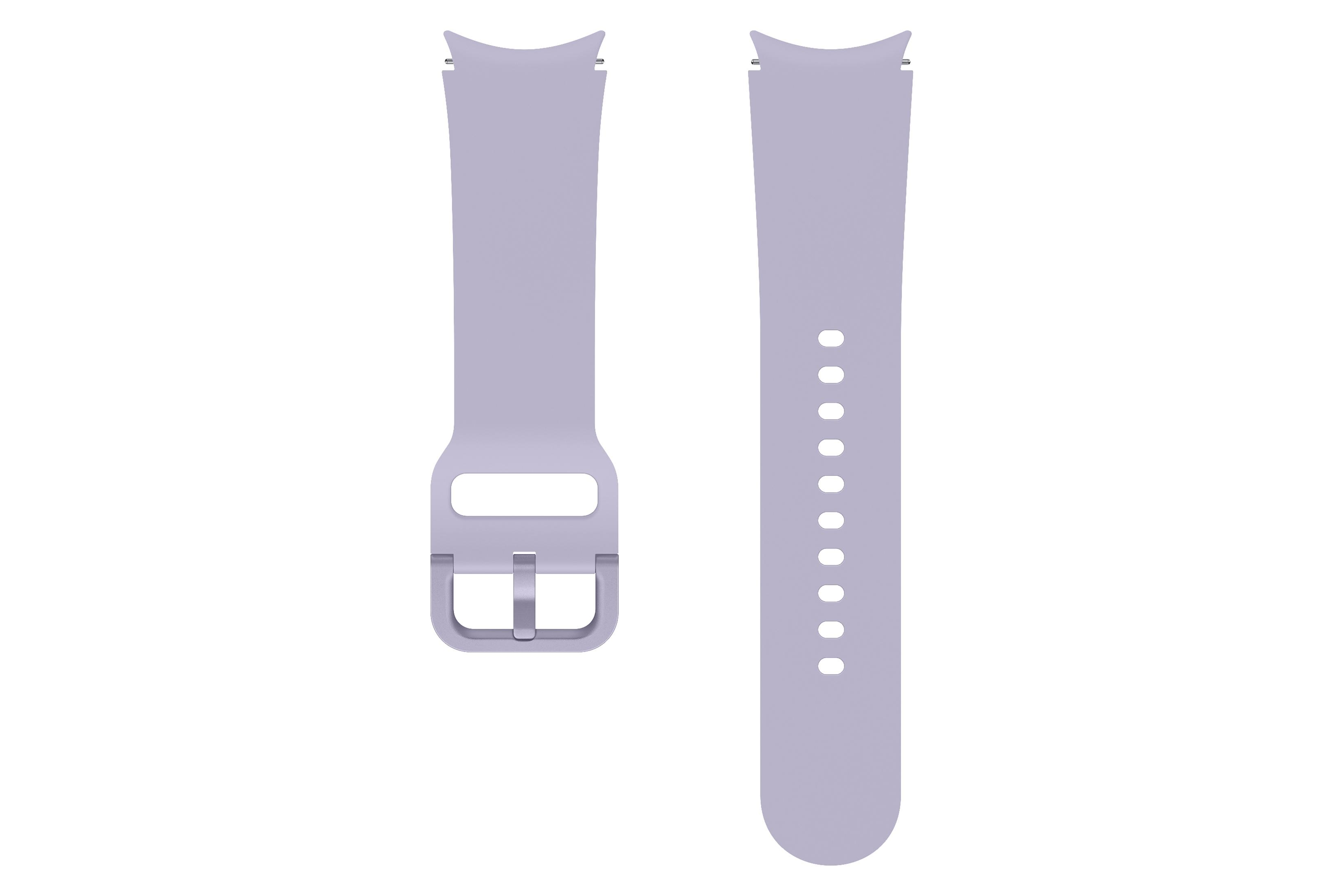 Due cinturini per orologi lavanda su sfondo bianco. Uno ha una fibbia, l'altro dei fori.
