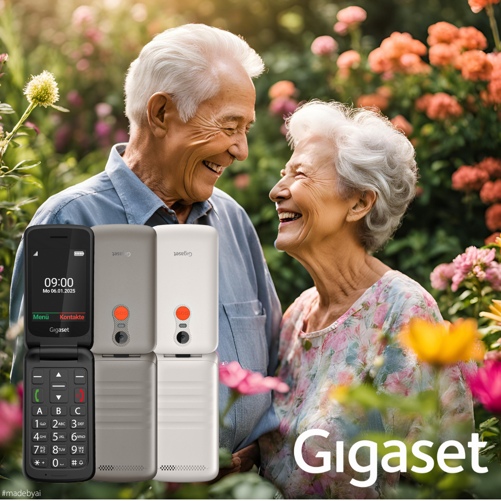Ein älteres Ehepaar lächelt sich in einem Garten an. Drei Gigaset-Telefone befinden sich im Vordergrund. Im Hintergrund blühen Blumen.