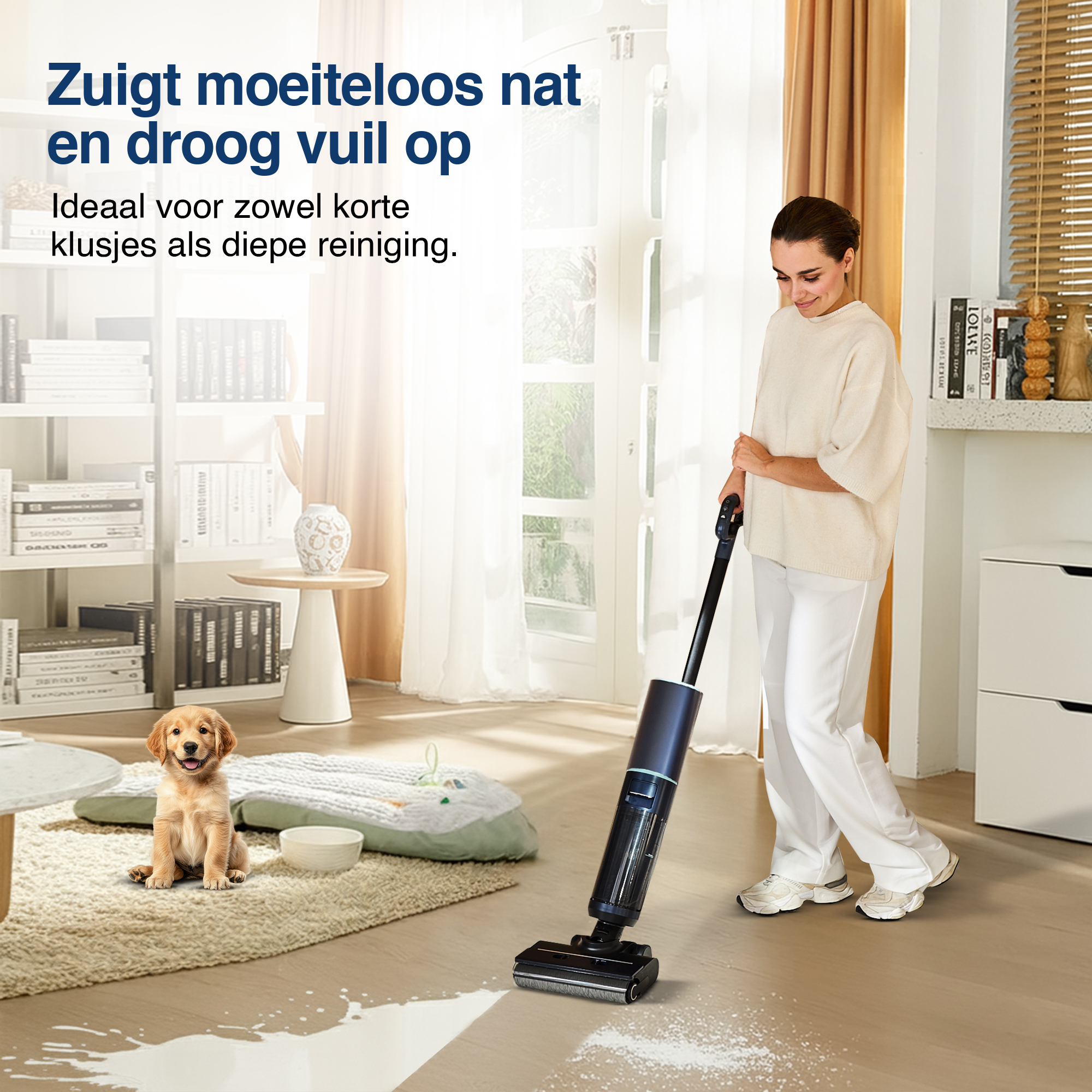 Woman vacuums floor. Golden retriever puppy sits nearby. Vacuum cleaner is cleaning wet and dry spills.