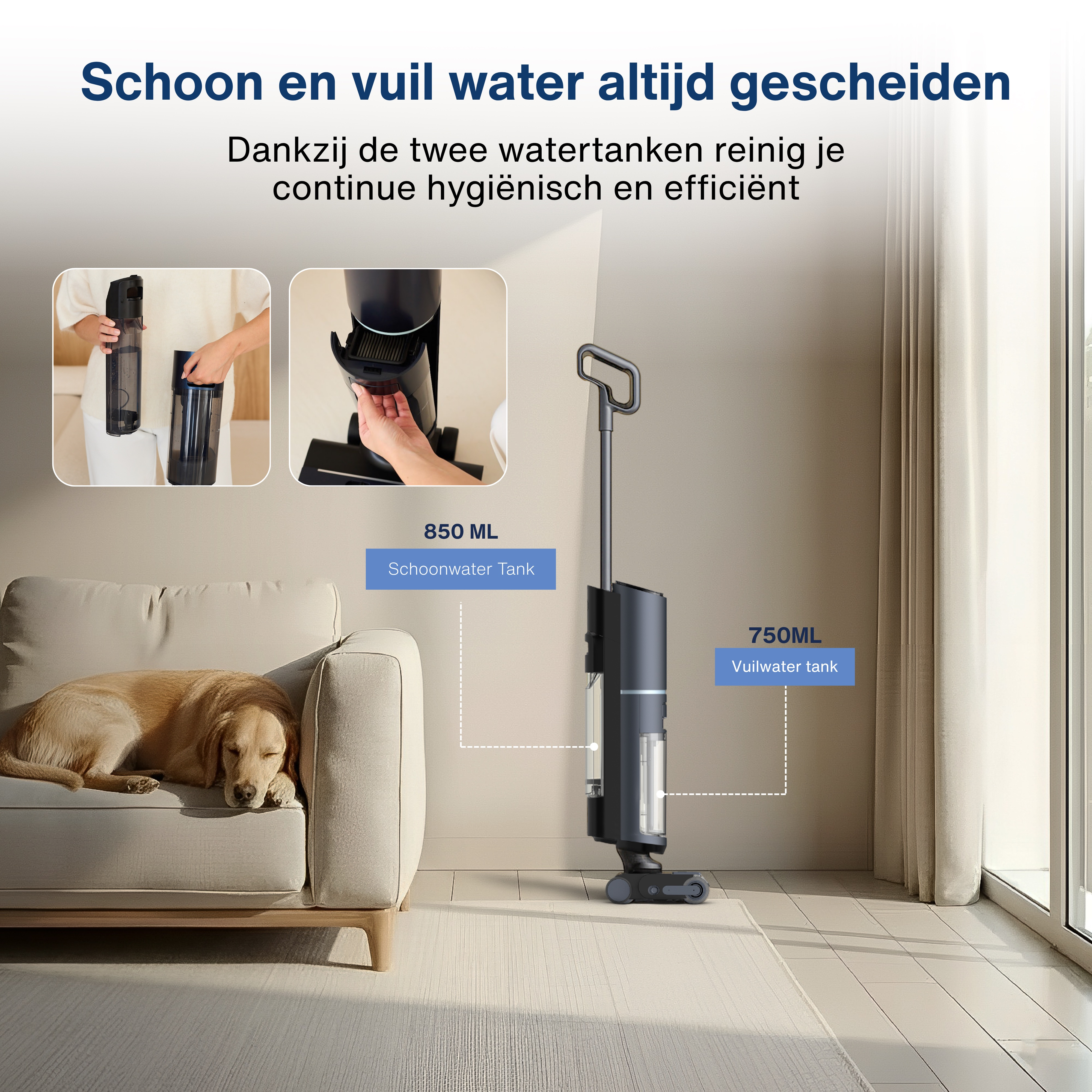 A vacuum cleaner with clean and dirty water tanks, a sleeping dog on a sofa, and text in Dutch.