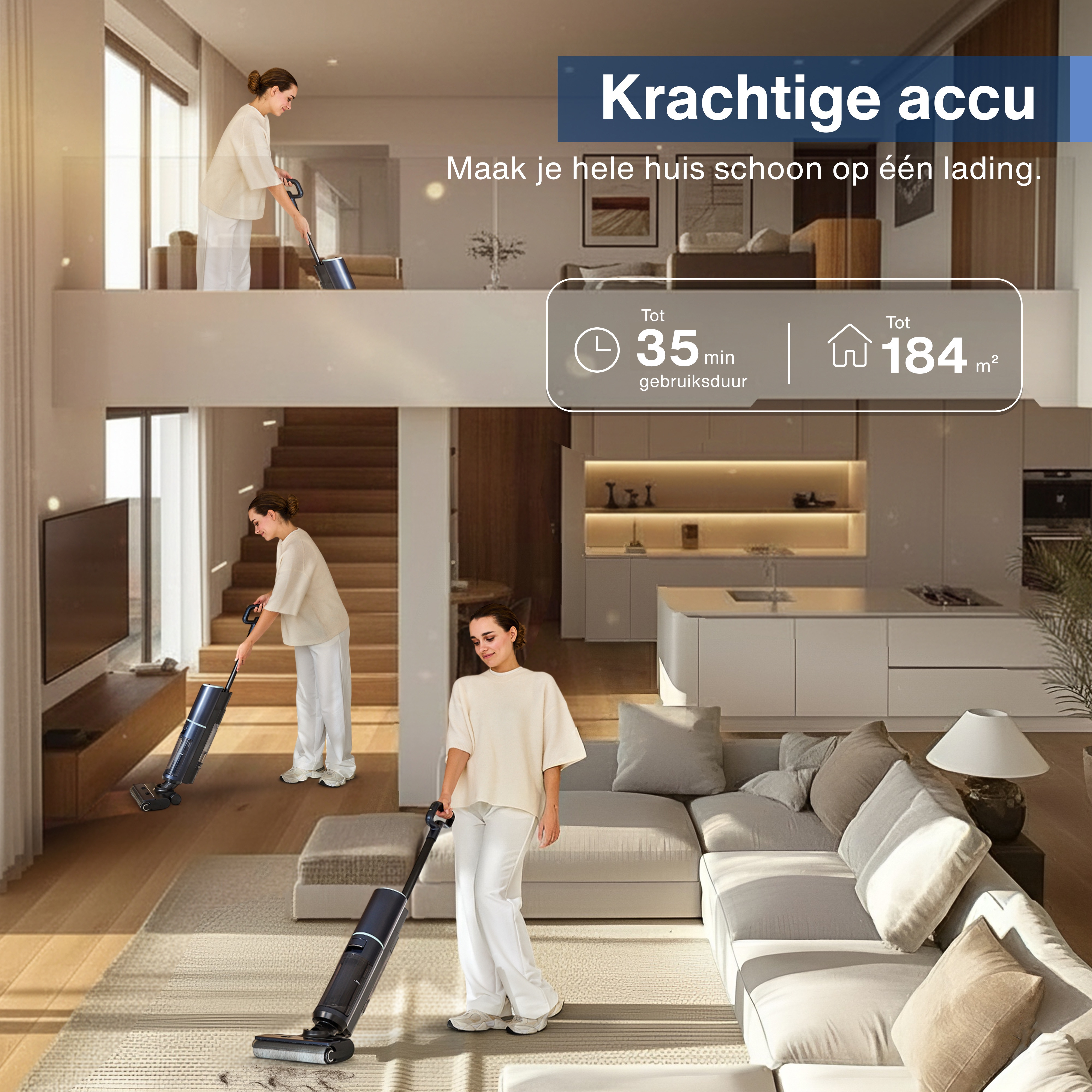 Three women vacuum a modern home. The image promotes a vacuum cleaner, highlighting battery life and coverage area.