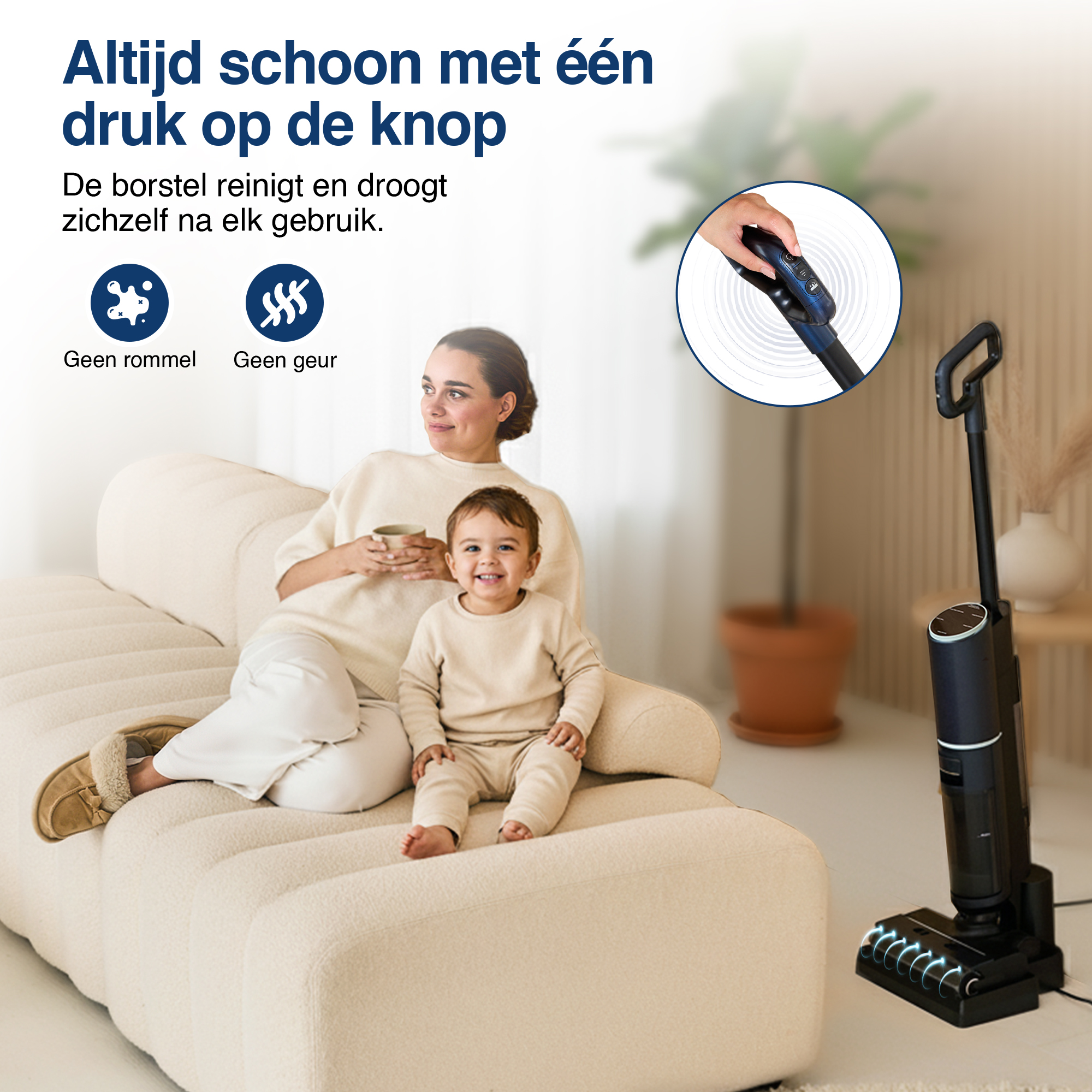 A woman and a child sit on a sofa. A vacuum cleaner stands nearby. Text says clean with one button.
