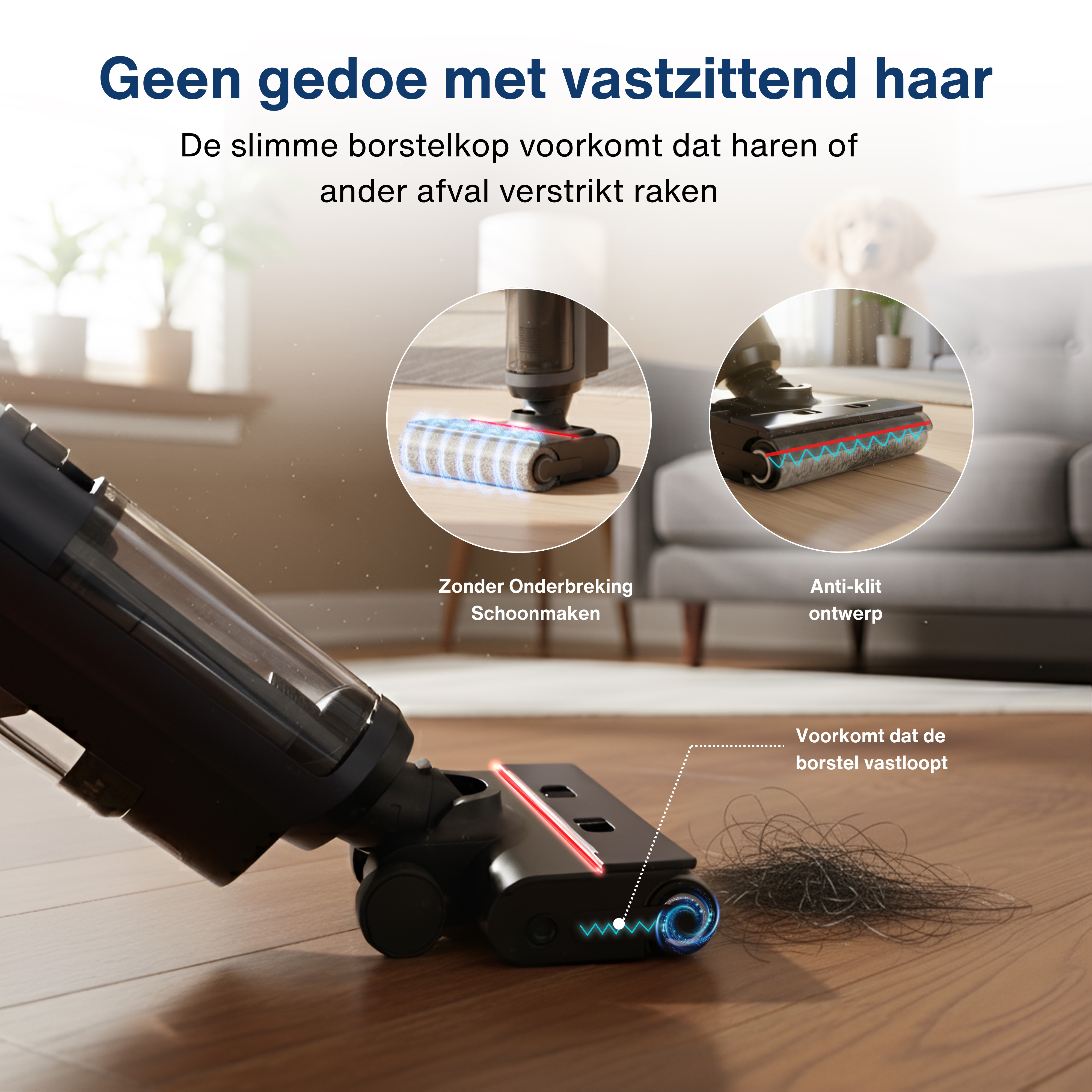 Vacuum cleaner with hair on the floor. It has two brush heads and text in Dutch.