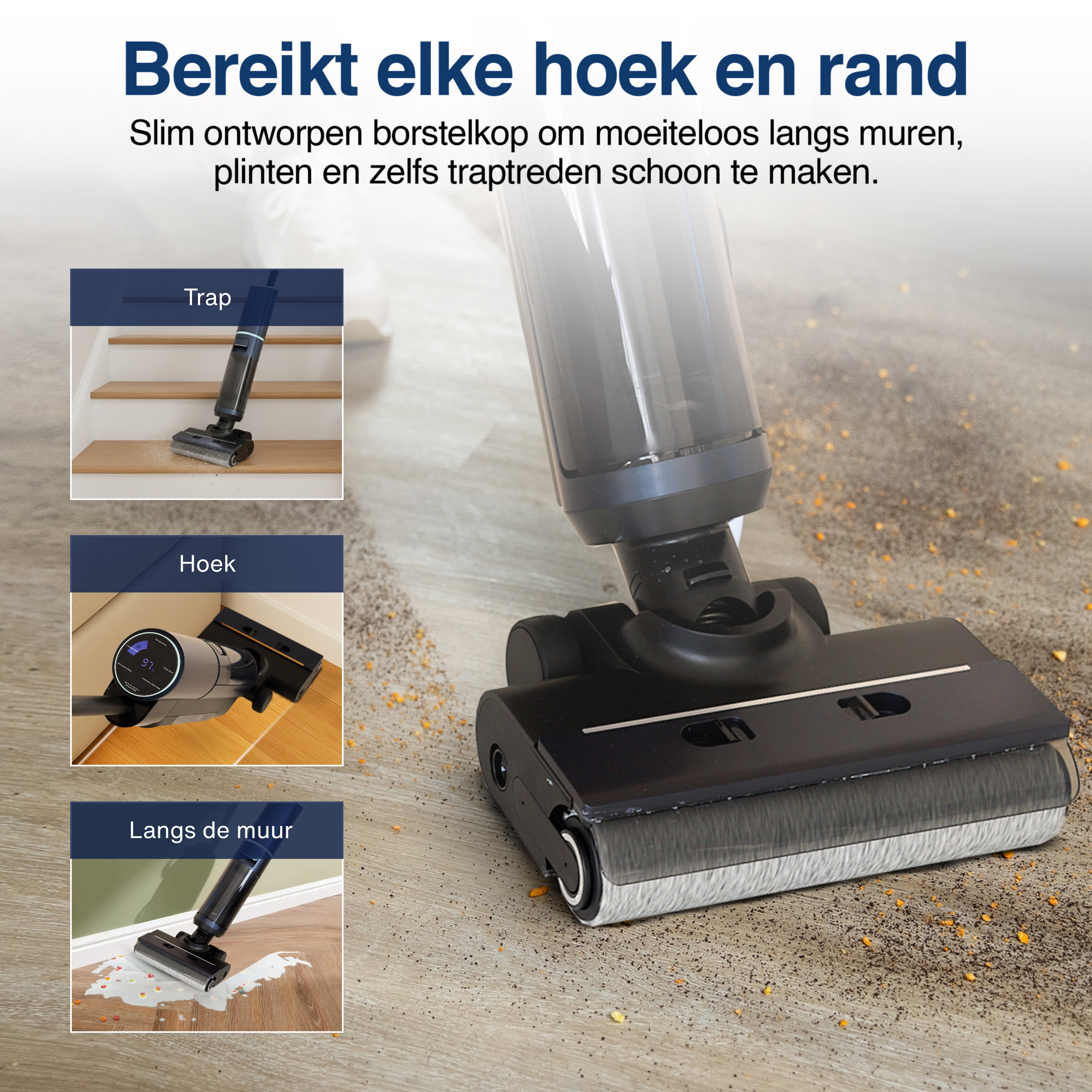 A vacuum cleaner cleaning a floor with food debris. It shows different cleaning areas: stairs, corners, and walls.
