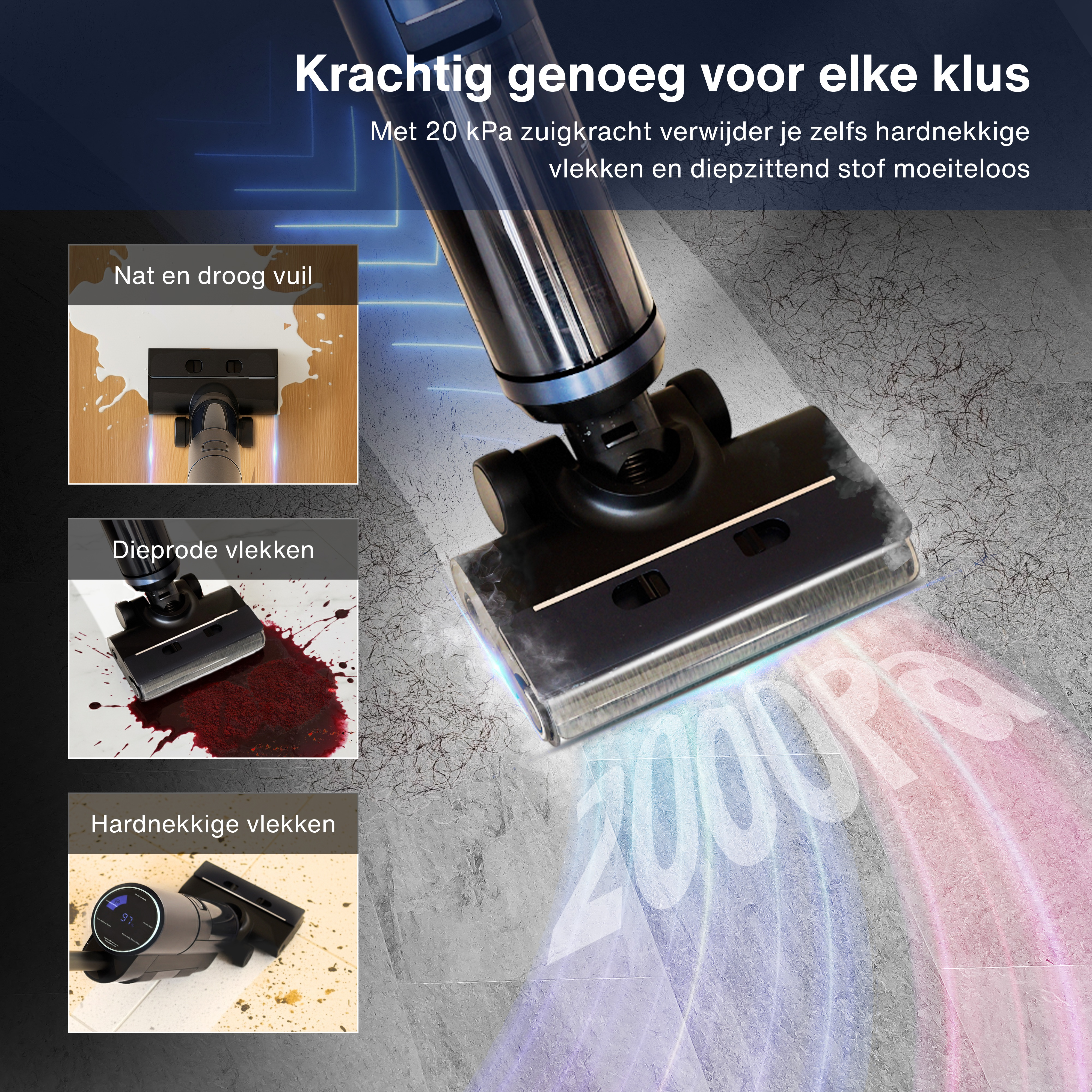 Image shows a vacuum cleaner cleaning various stains, including wet spills, deep red stains, and tough stains on the floor.