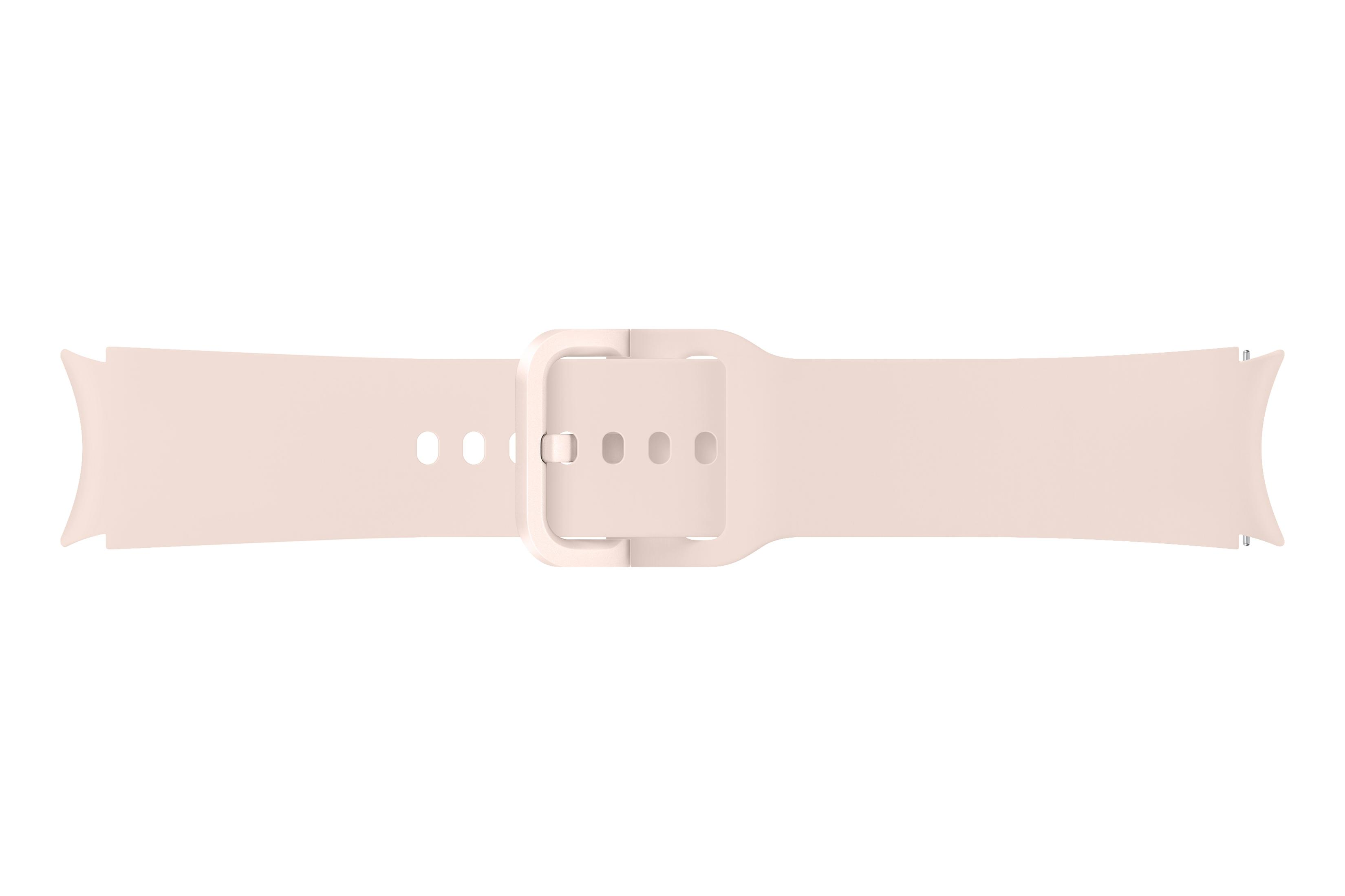 Un cinturino rosa chiaro con fibbia. Lo sfondo è bianco.