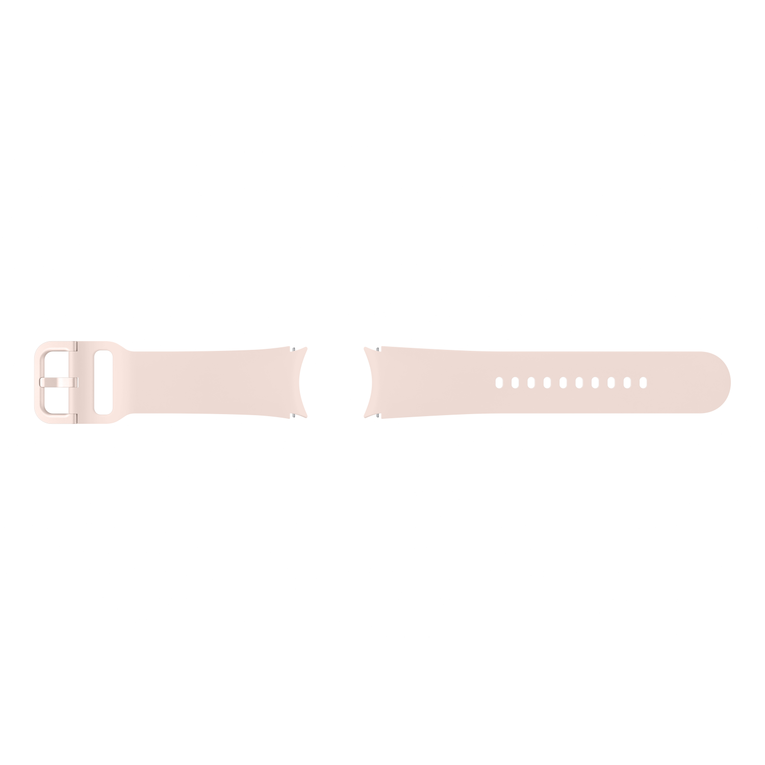 Un cinturino per smartwatch rosa pallido staccato, con fibbia in metallo a sinistra e diversi fori a destra, su sfondo bianco.