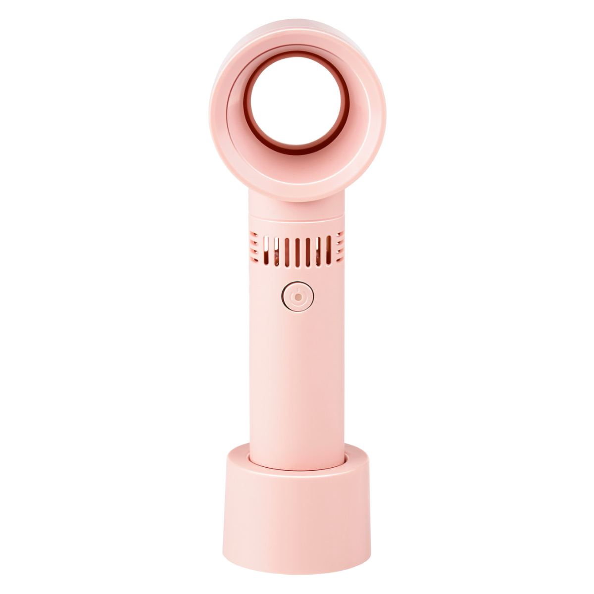 Un ventilateur rose sans pales sur fond blanc. Le ventilateur a un dessus circulaire, un corps cylindrique et une base circulaire.
