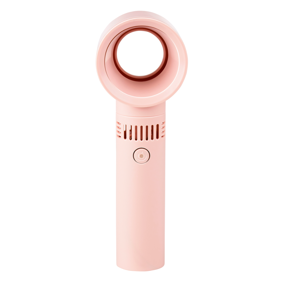 Un ventilateur rose sans pales. Il a une ouverture circulaire en haut et une poignée cylindrique. Un bouton est visible.