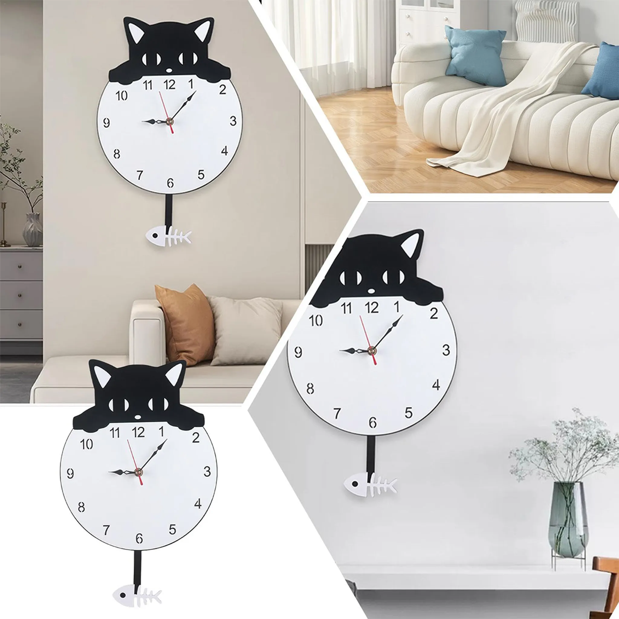 Eine katzenförmige Uhr hängt an der Wand. Sie hat ein weißes Zifferblatt, schwarze Zeiger und ein fischförmiges Pendel.