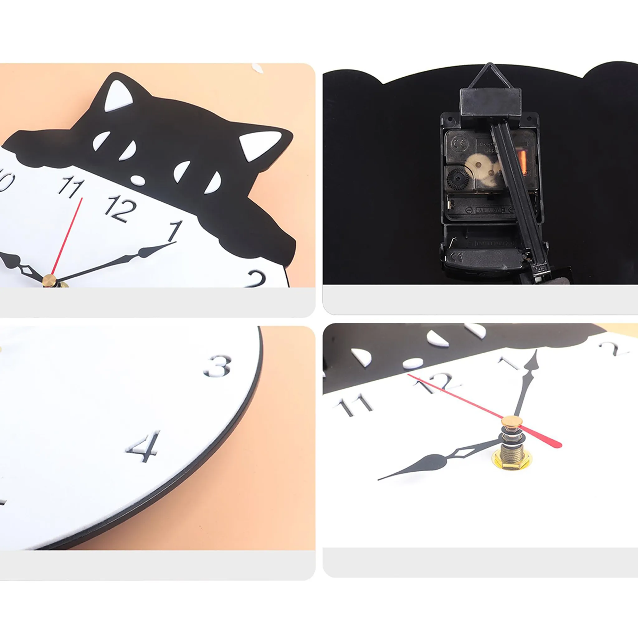 Eine katzenförmige Uhr mit weißem Zifferblatt und schwarzen Zahlen. Roter Sekundenzeiger. Die Uhr hat einen schwarzen Katzenumriss.