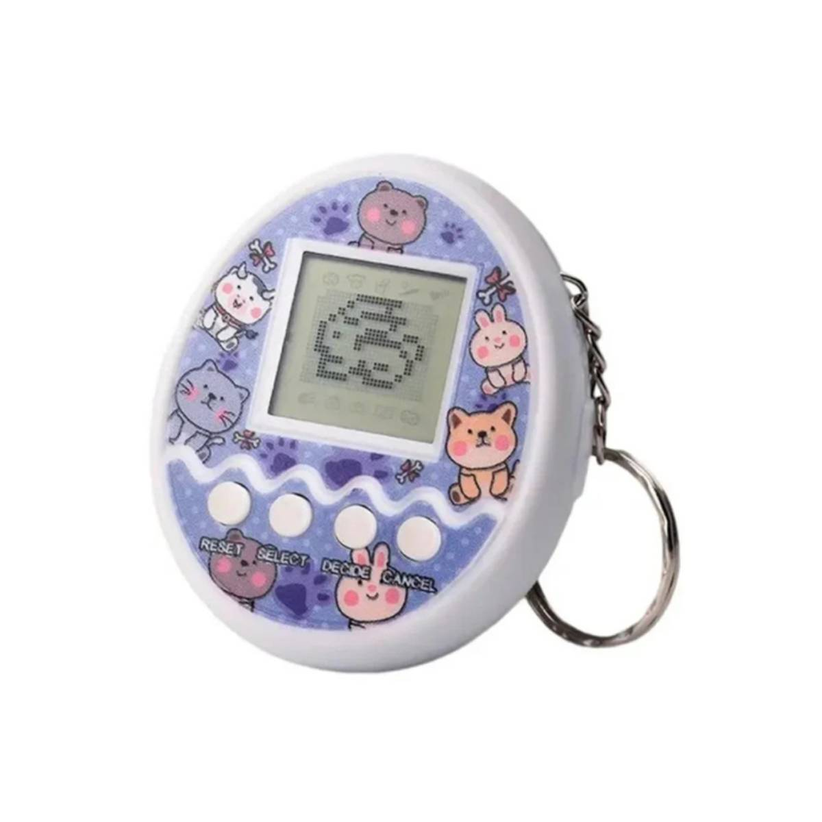 Un giocattolo Tamagotchi bianco con un bordo blu a motivi. Ha uno schermo che mostra un'immagine pixelata e pulsanti sottostanti. Animali dei cartoni animati.