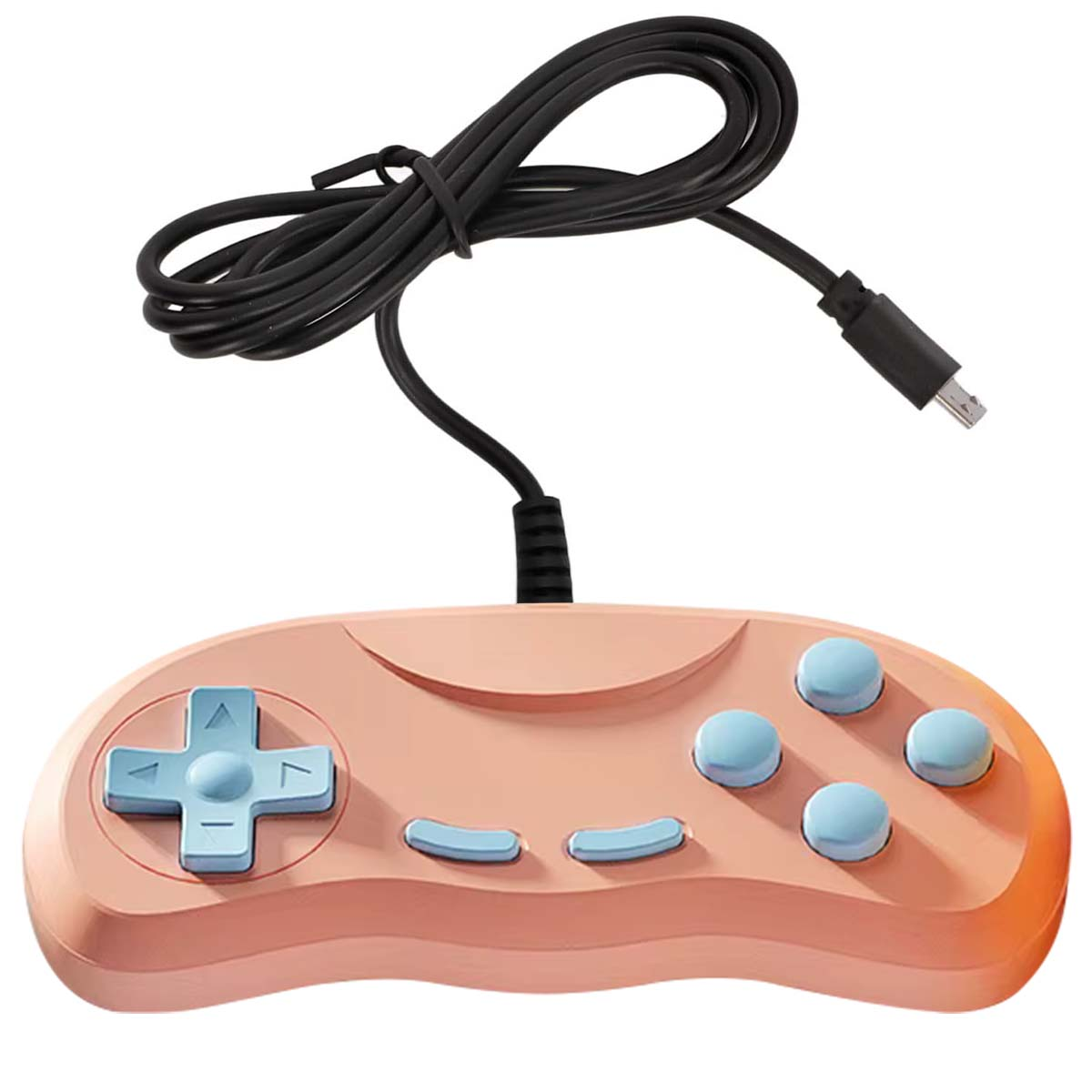 Un mando de juego color melocotón con botones y cruceta azules, conectado a un cable negro y un conector USB.
