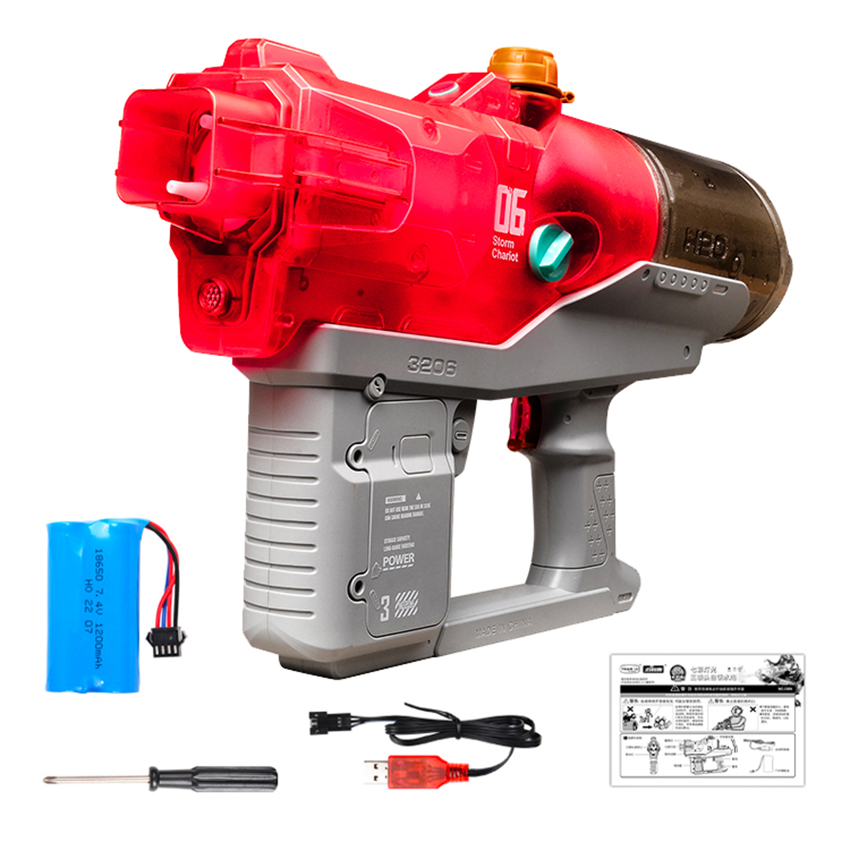Una pistola de juguete roja y gris con accesorios: batería, destornillador, cargador y manual. La pistola tiene '06 Storm Chariot'.