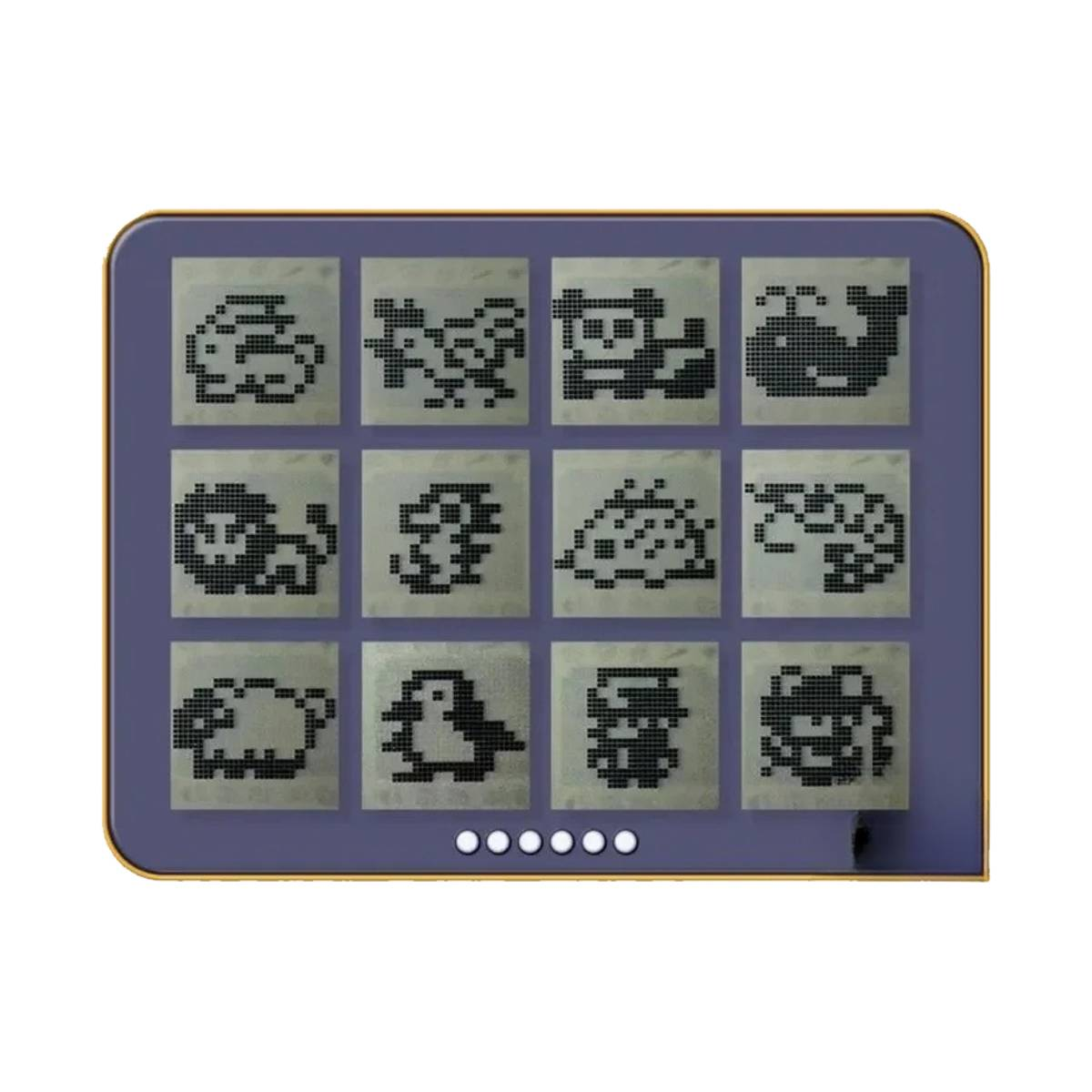 Un dispositivo portatile mostra icone di animali pixelate. La fila superiore include un coniglio, un cane, un panda e una balena. Sono presenti altri animali.