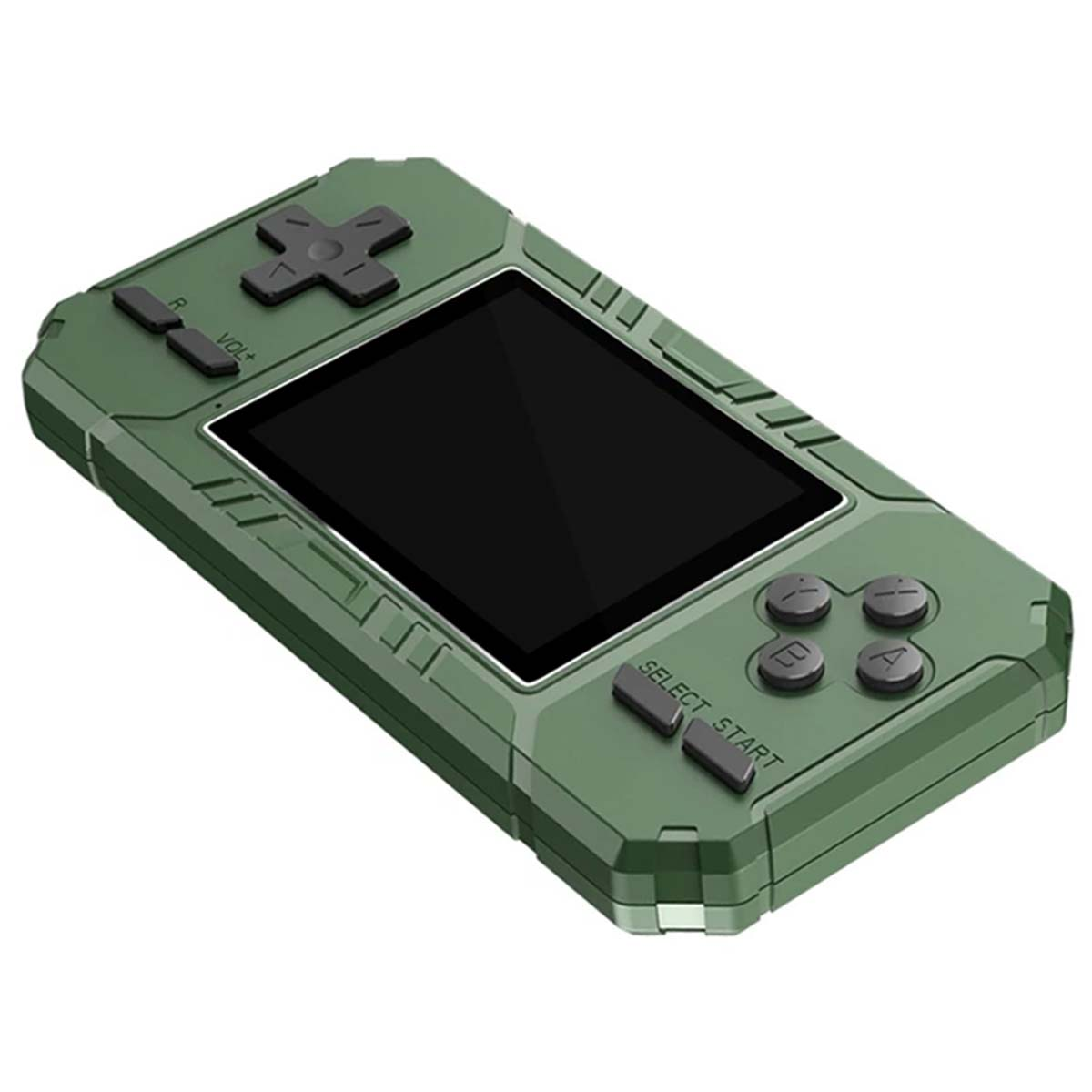 Una consola de juegos portátil verde oliva con pantalla negra, botones y cruceta. Se ve la palabra 'SELECT START'.